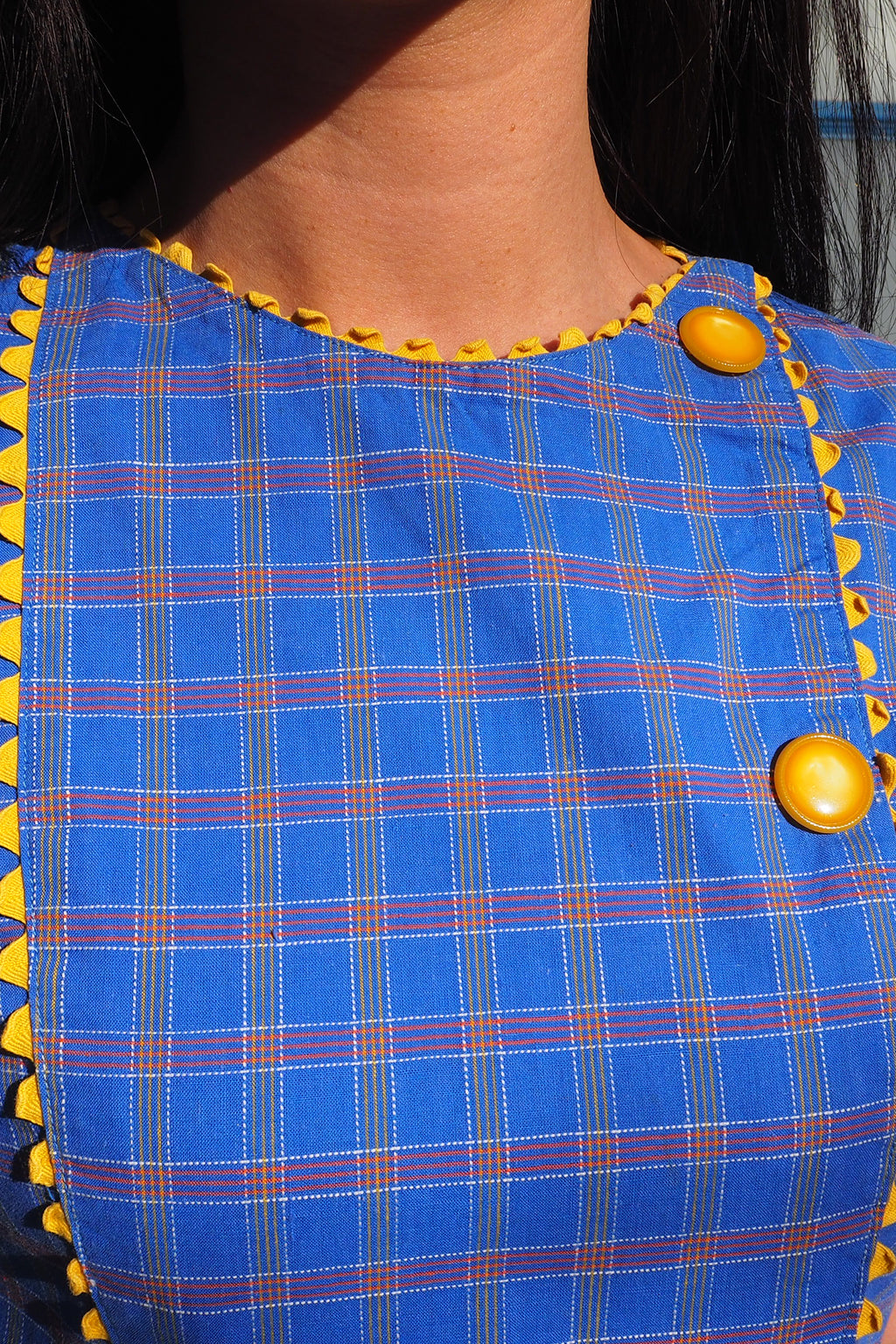 60's Box Check Short Sleeve Midi Dress Blue