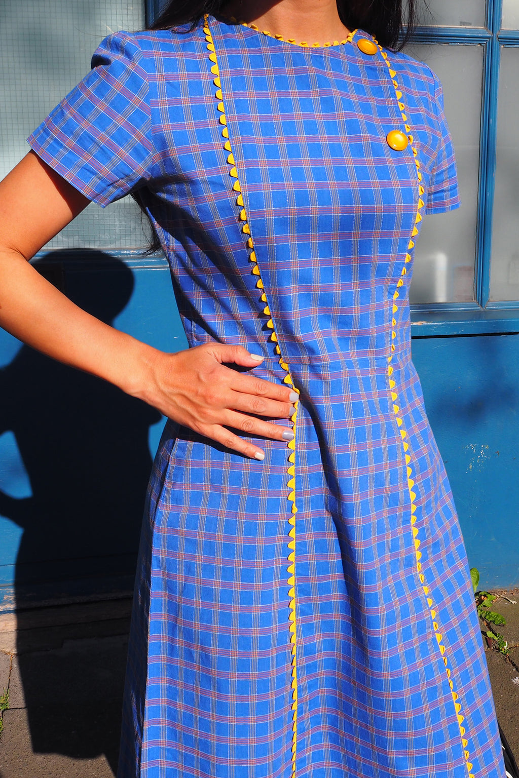60's Box Check Short Sleeve Midi Dress Blue