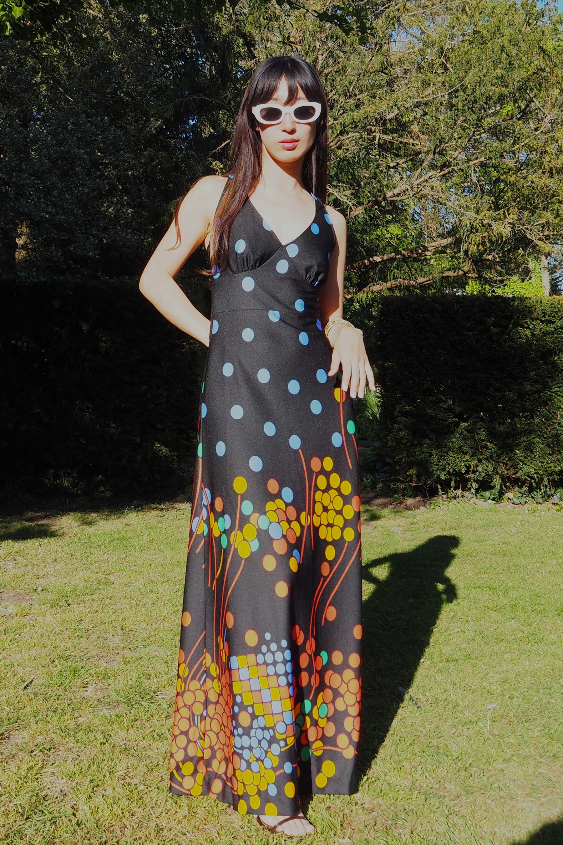 70's Canda international Polka Dot Halter Dress Black