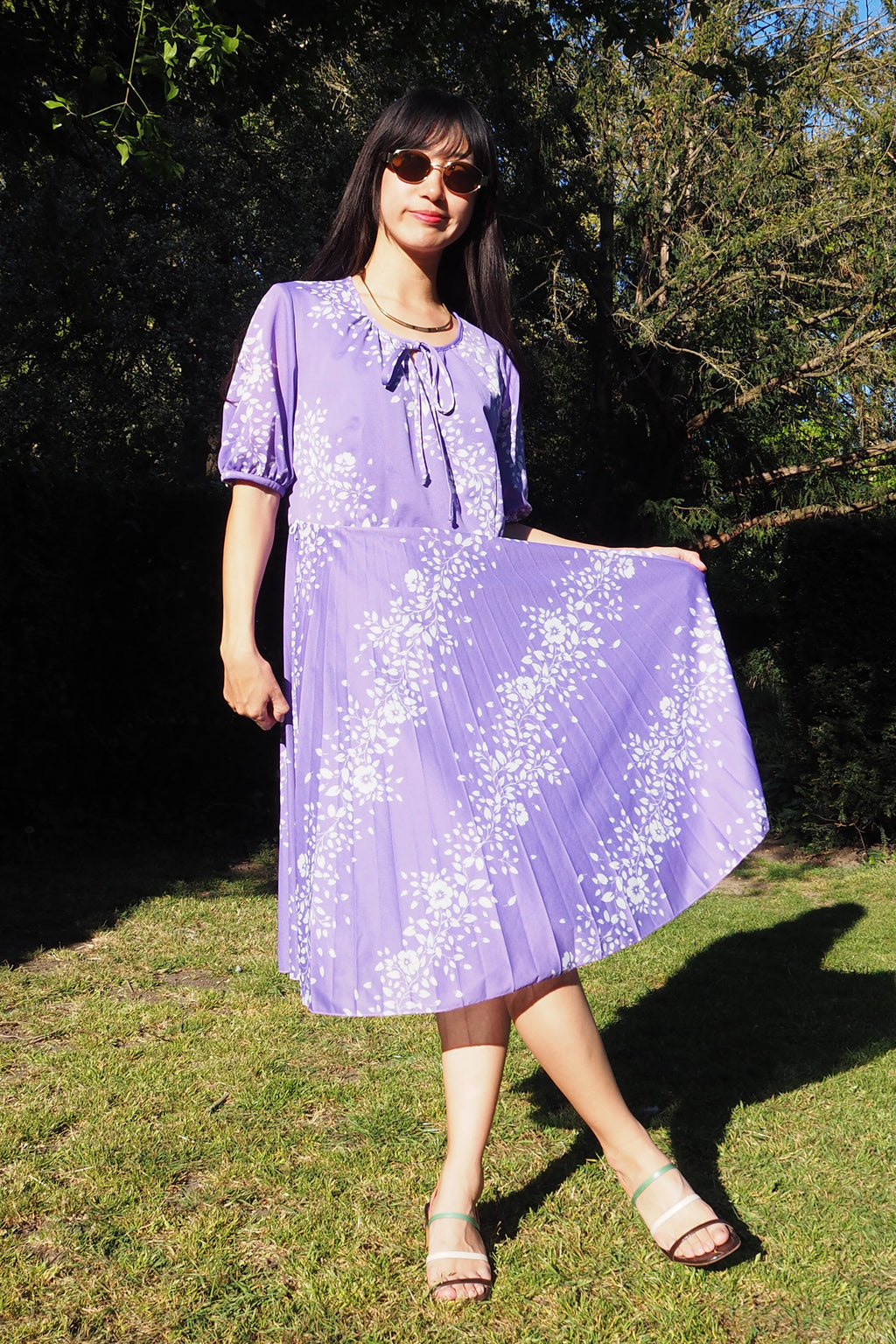 70's-80's Mode Trevira Pleated Midi Dress Purple