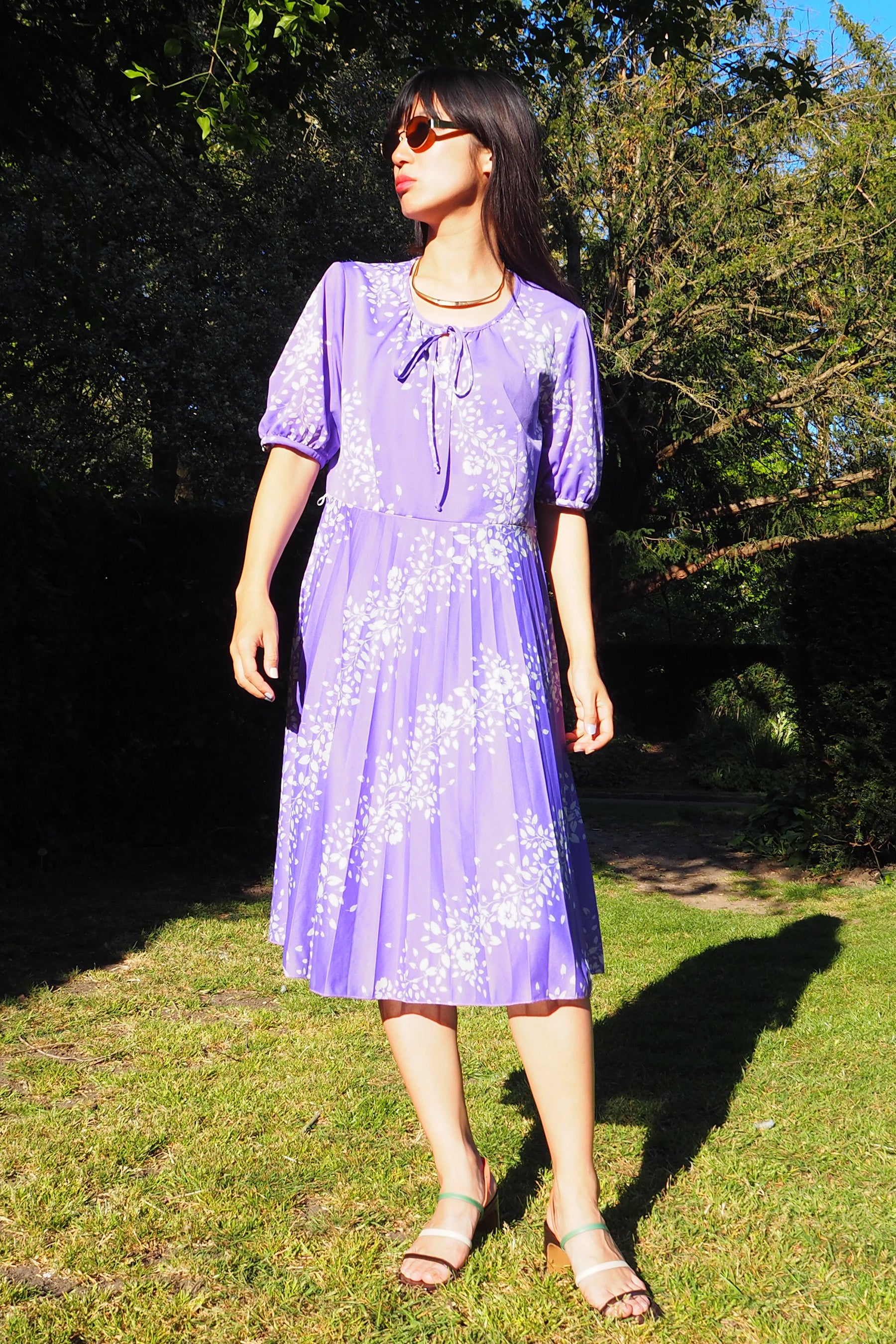 70's-80's Mode Trevira Pleated Midi Dress Purple