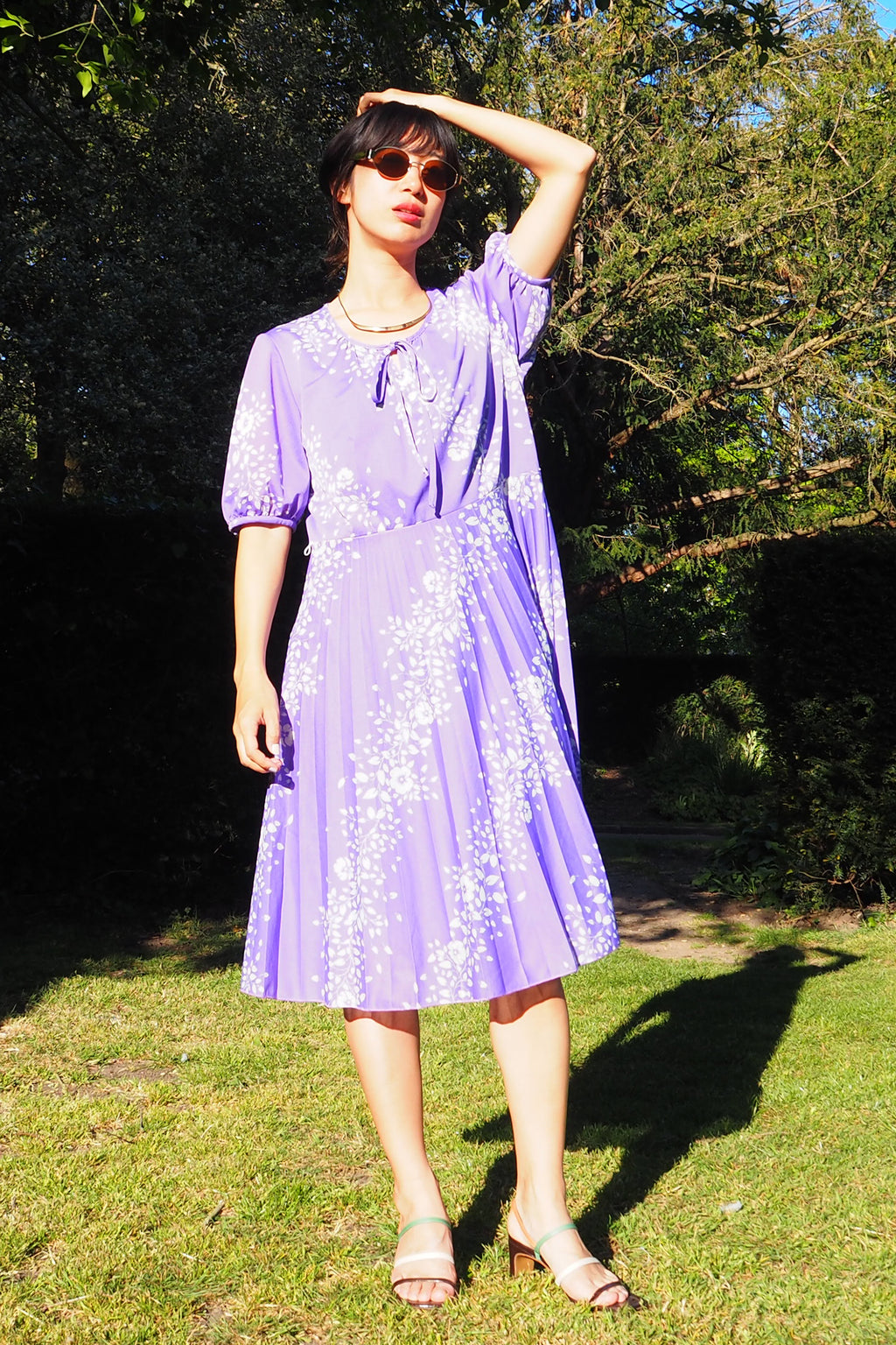 70's-80's Mode Trevira Pleated Midi Dress Purple