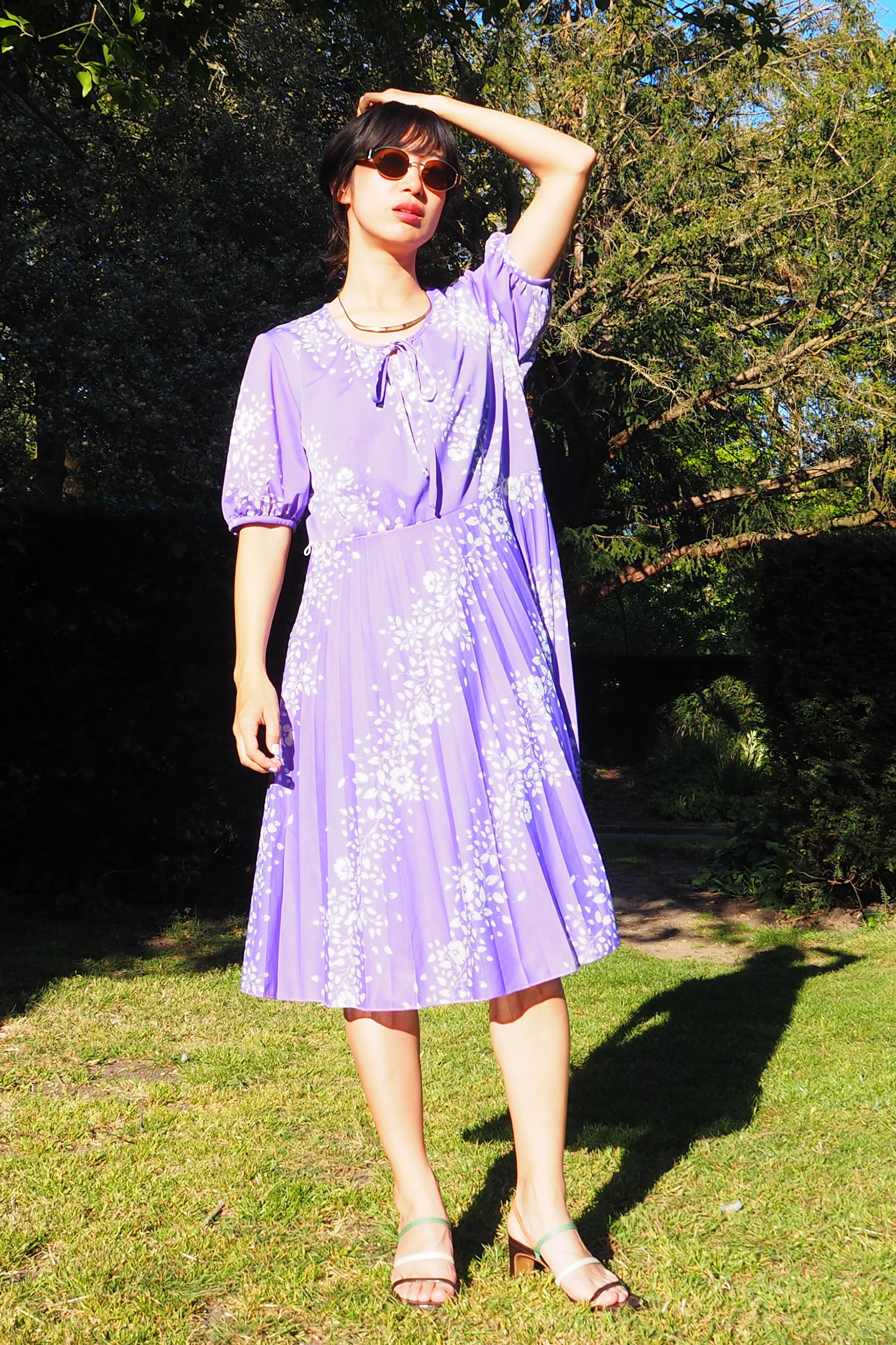 70's-80's Mode Trevira Pleated Midi Dress Purple
