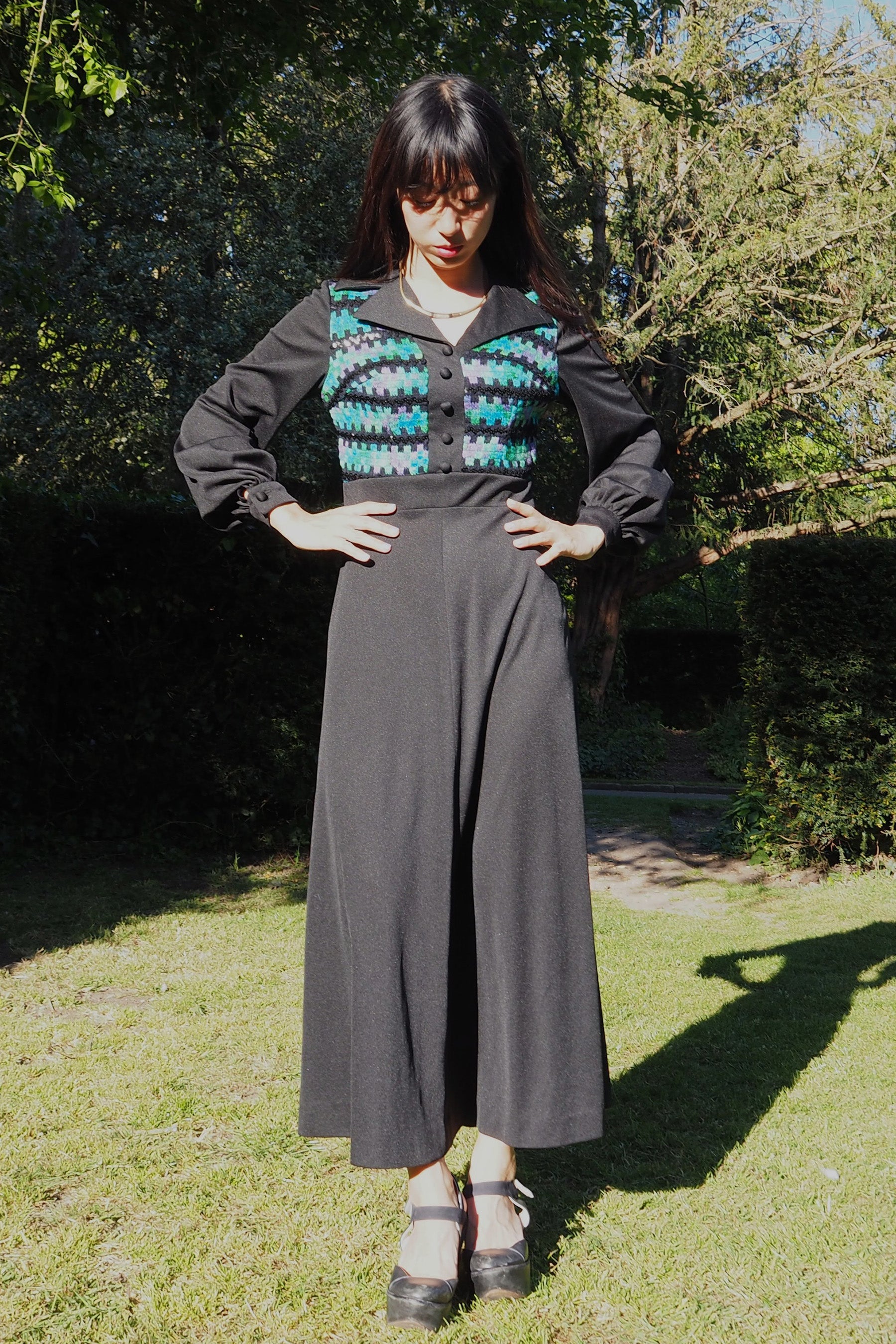 70's Tina Warren Zigzag Embroidered Dress Black