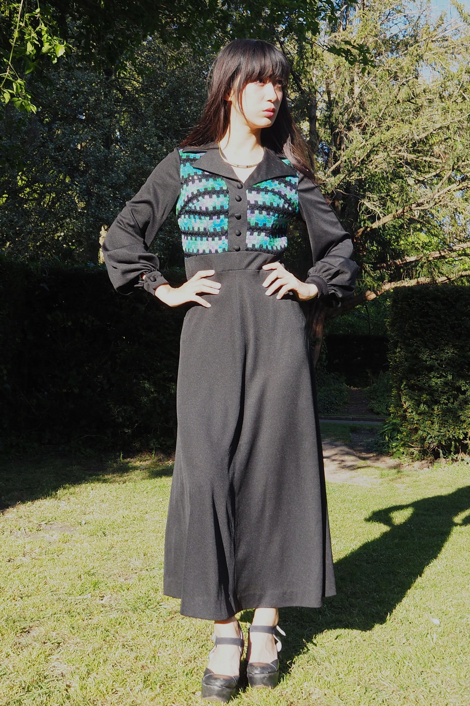 70's Tina Warren Zigzag Embroidered Dress Black