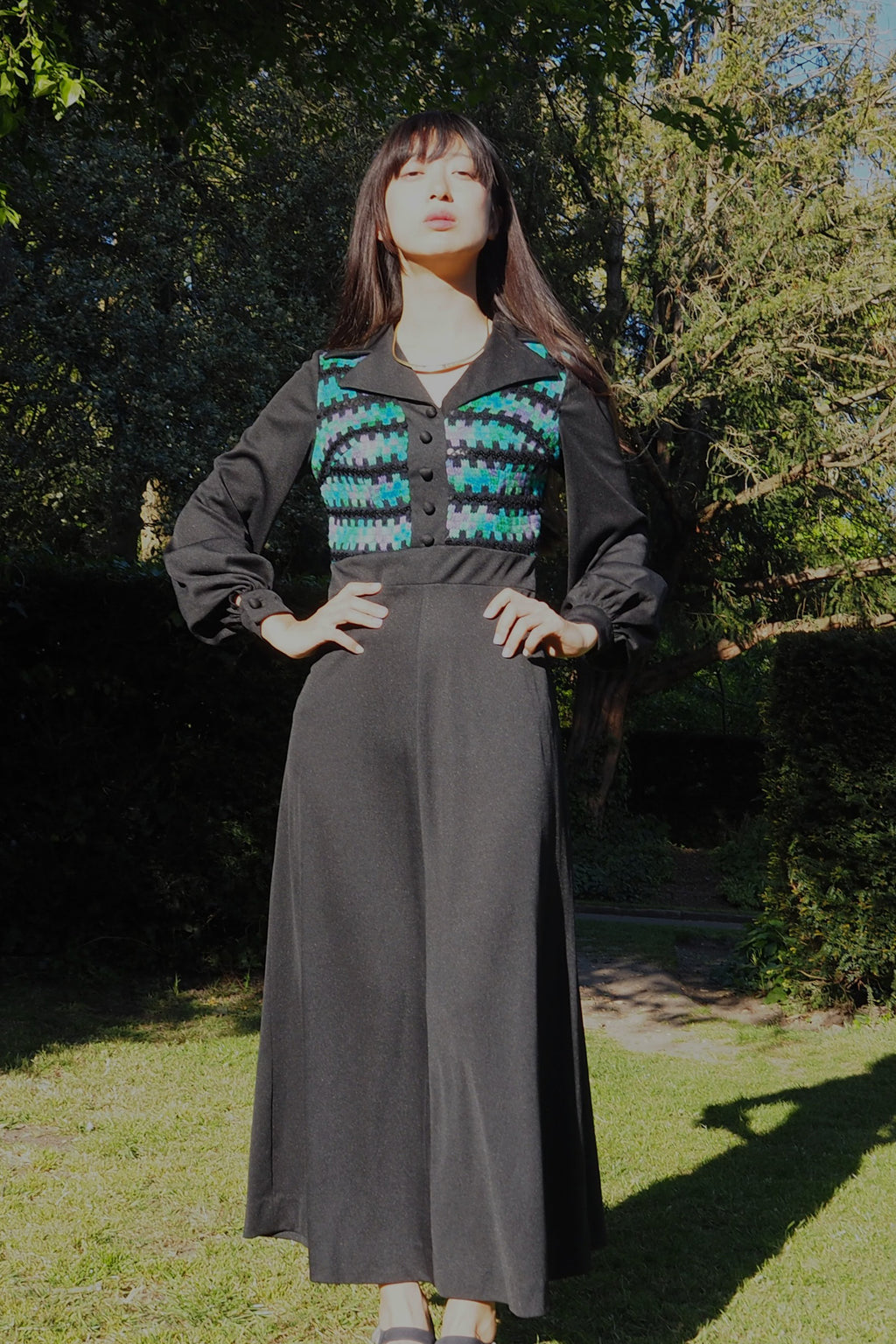 70's Tina Warren Zigzag Embroidered Dress Black
