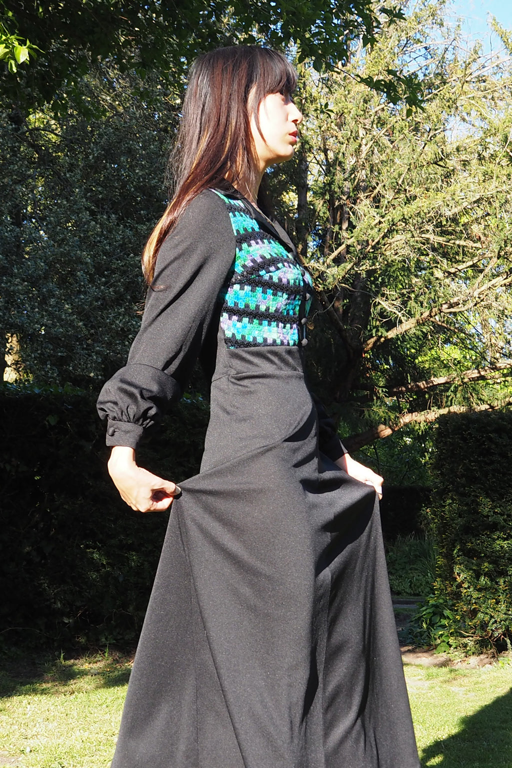 70's Tina Warren Zigzag Embroidered Dress Black