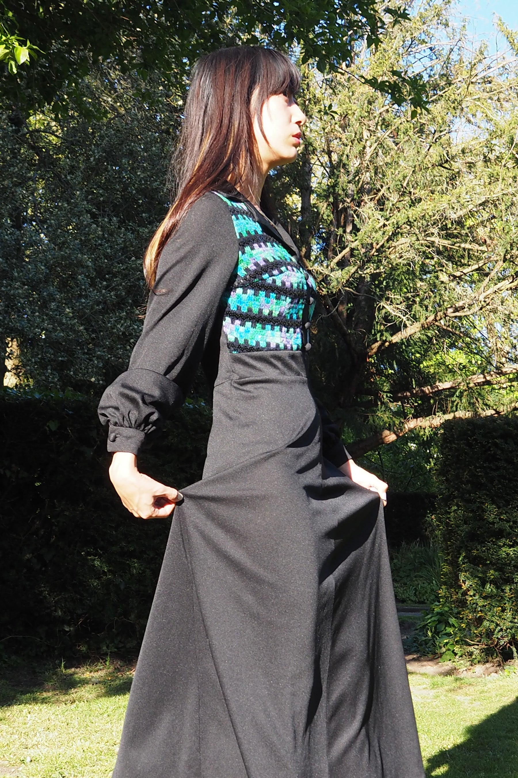 70's Tina Warren Zigzag Embroidered Dress Black