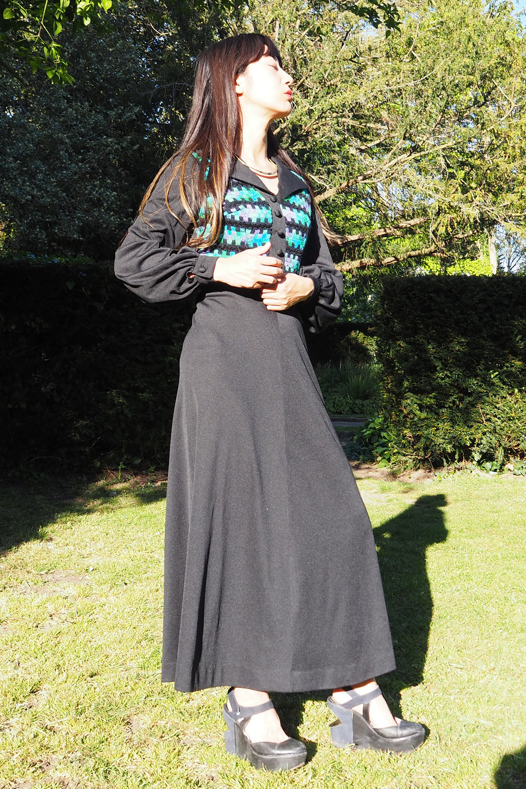 70's Tina Warren Zigzag Embroidered Dress Black