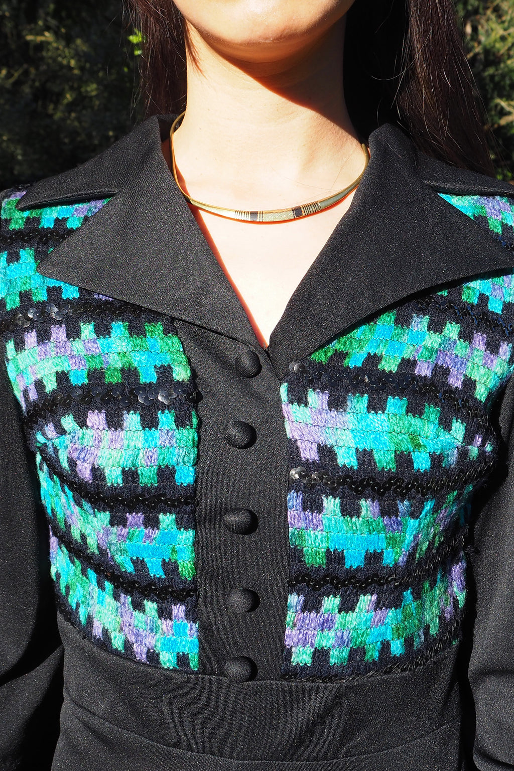 70's Tina Warren Zigzag Embroidered Dress Black