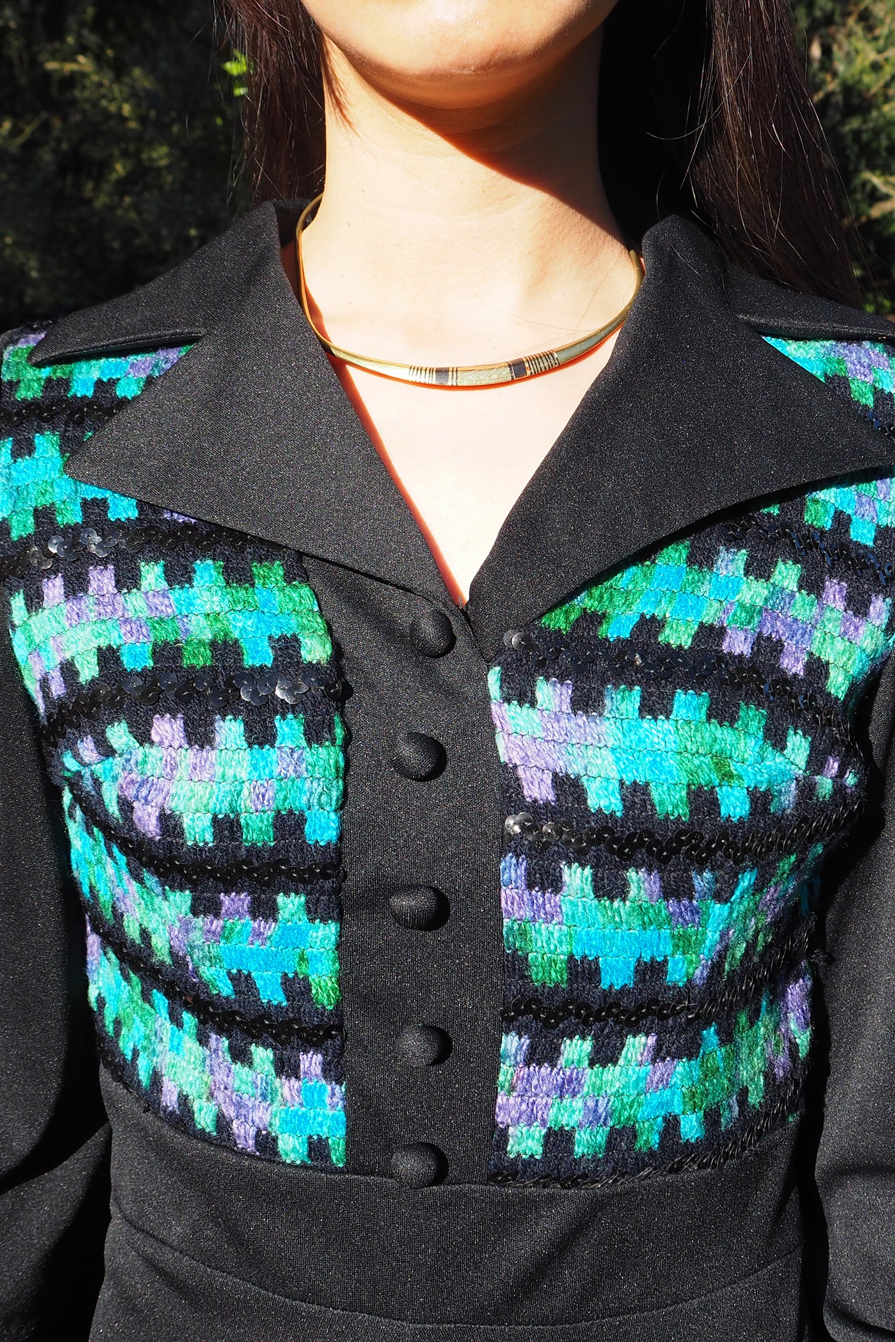 70's Tina Warren Zigzag Embroidered Dress Black