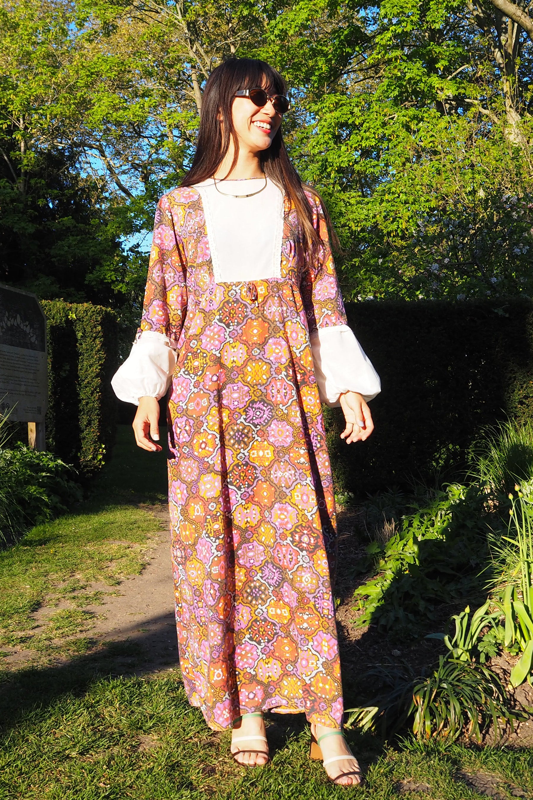 70's DOROTHY PERKINS Psychedelic Maxi Dress Brown