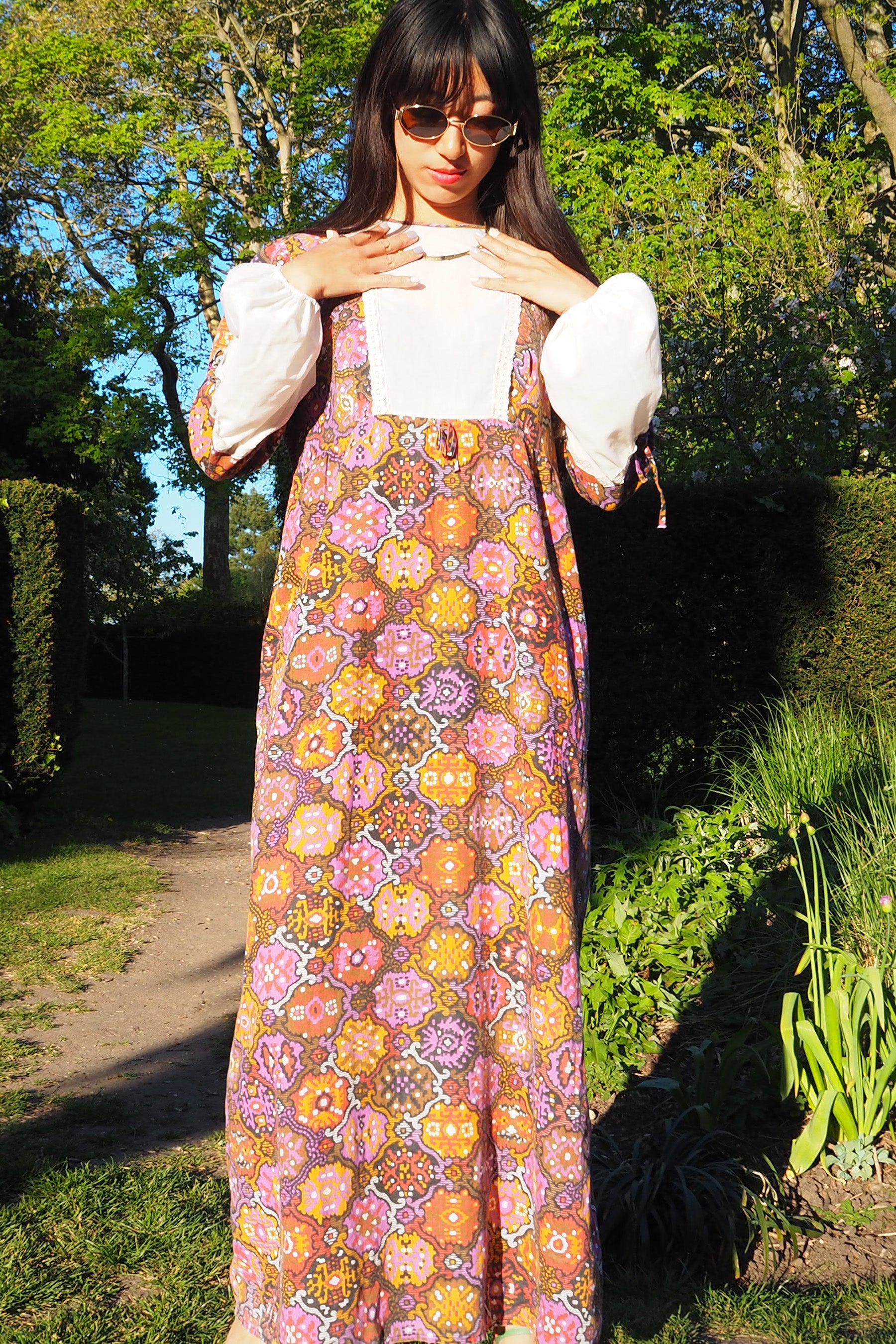 70's DOROTHY PERKINS Psychedelic Maxi Dress Brown