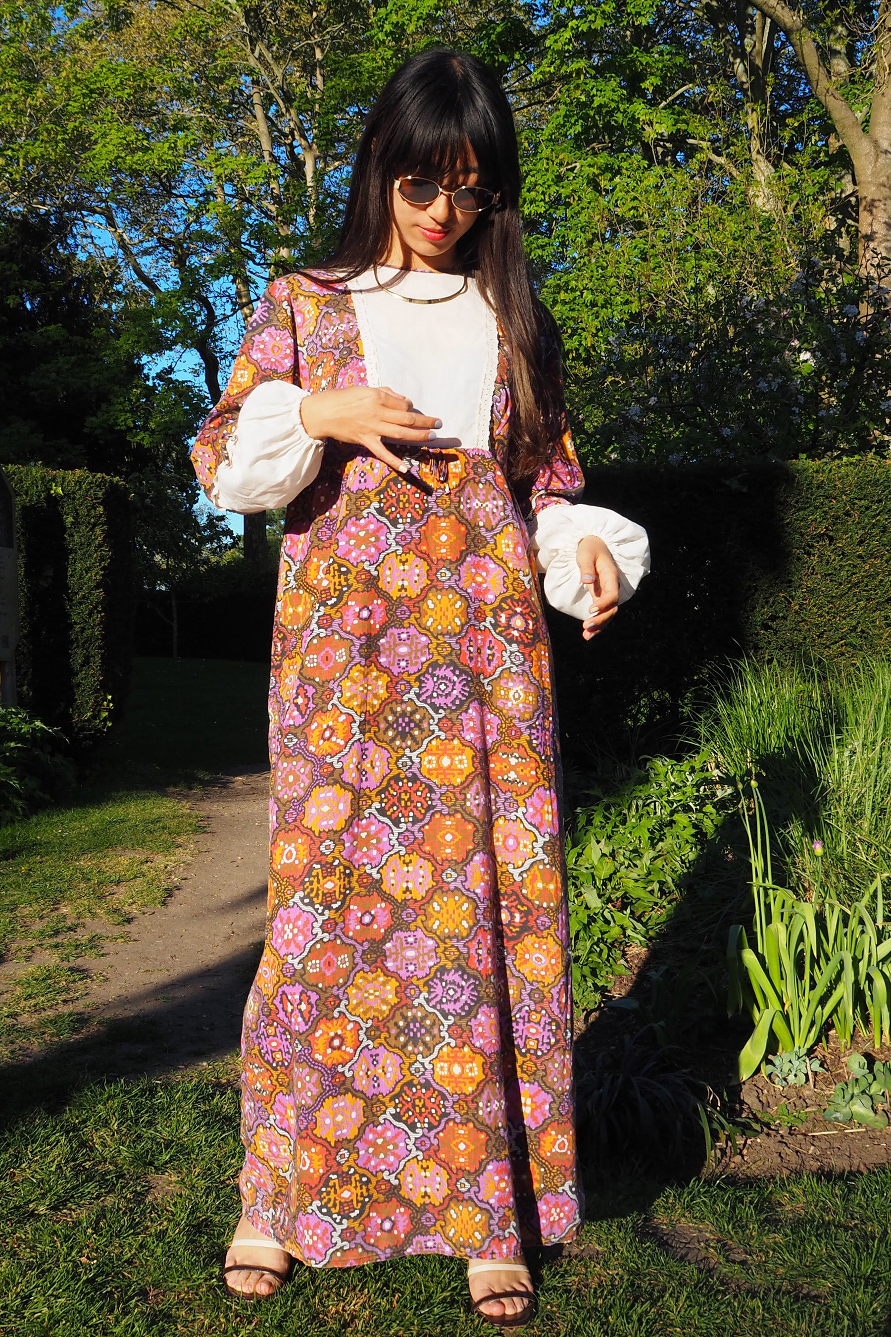 70's DOROTHY PERKINS Psychedelic Maxi Dress Brown