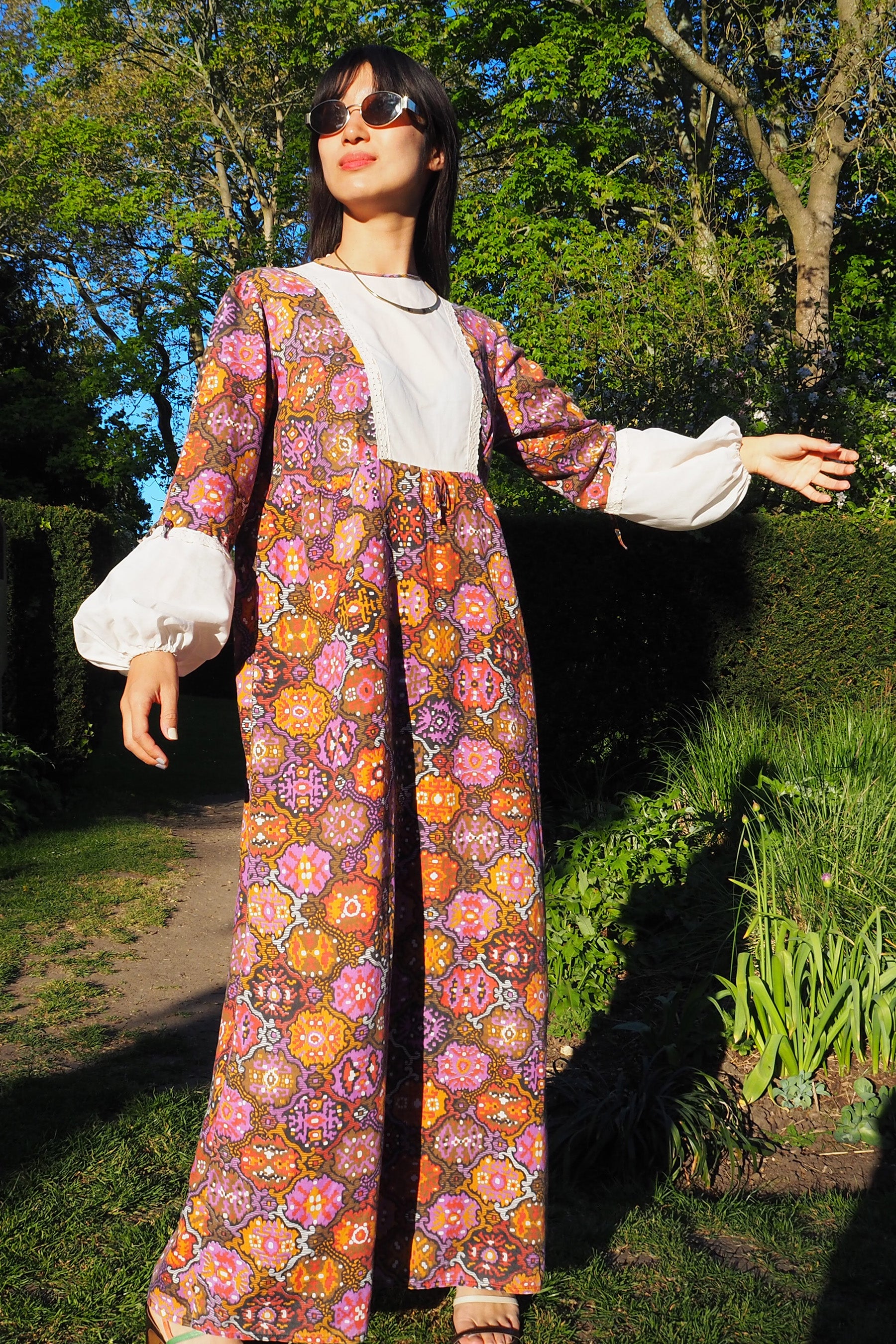 70's DOROTHY PERKINS Psychedelic Maxi Dress Brown