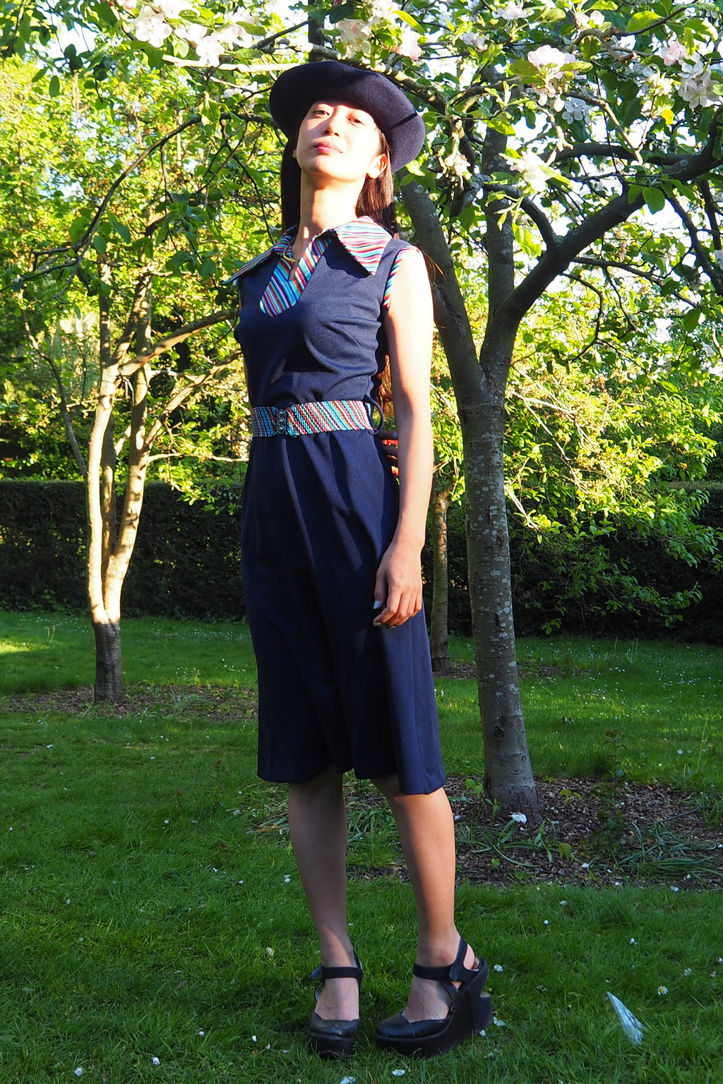 70's Diolen Mini Dress with Belt Navy