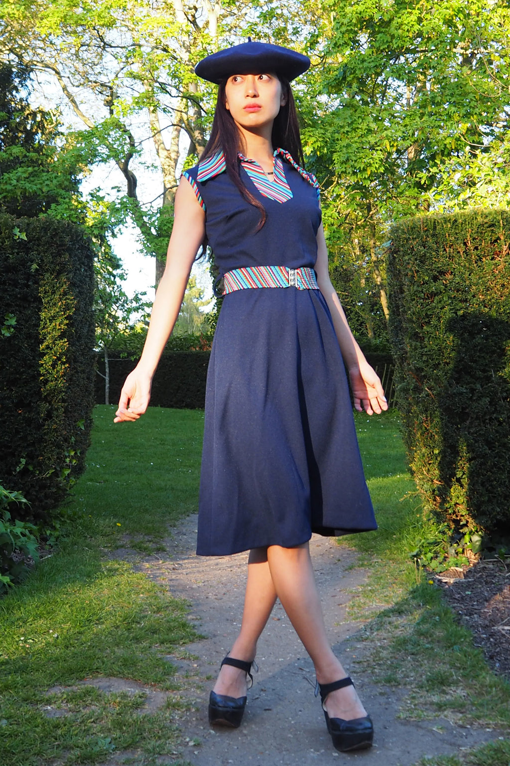 70's Diolen Mini Dress with Belt Navy