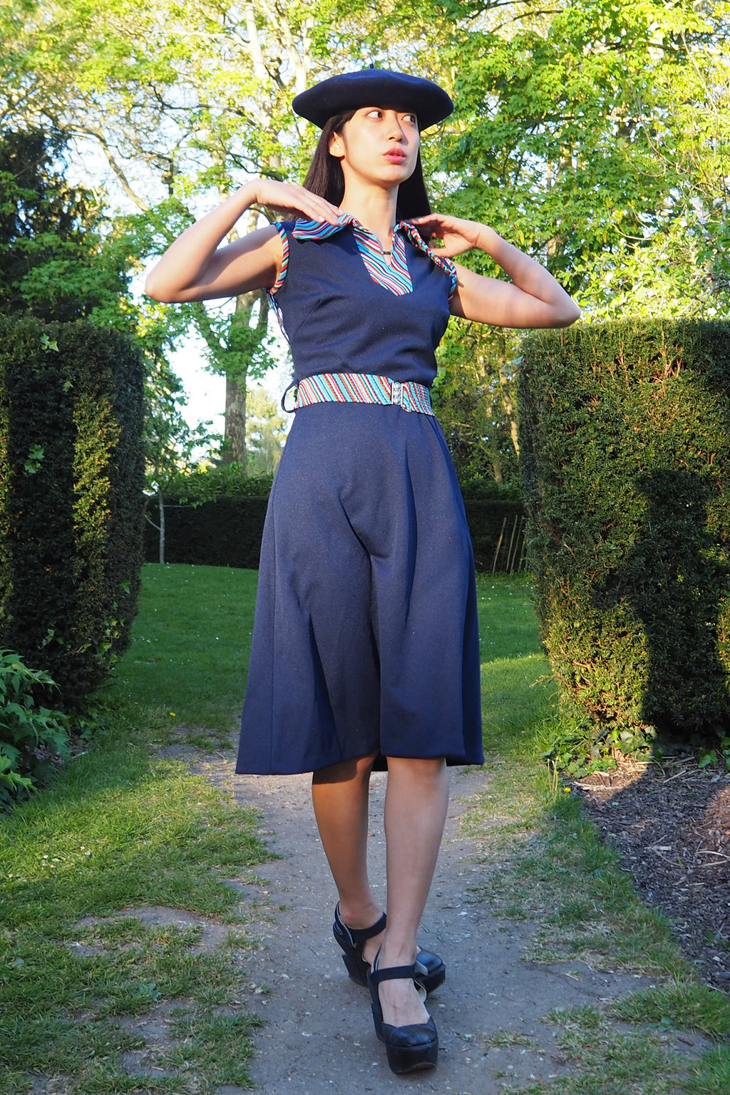 70's Diolen Mini Dress with Belt Navy