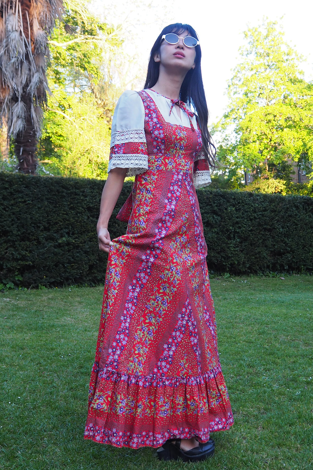 70's Prairie Inspired Floral Cotton Dress Red