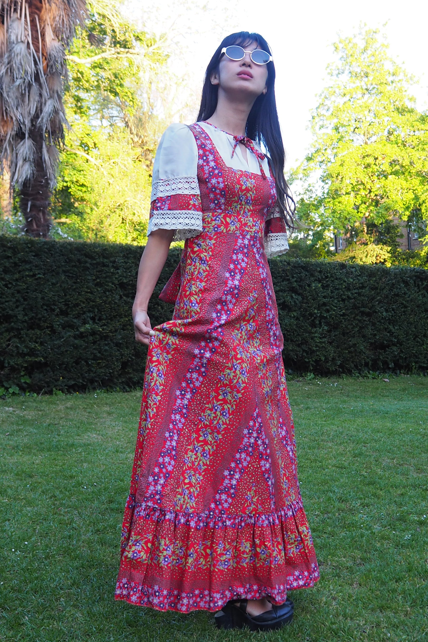 70's Prairie Inspired Floral Cotton Dress Red