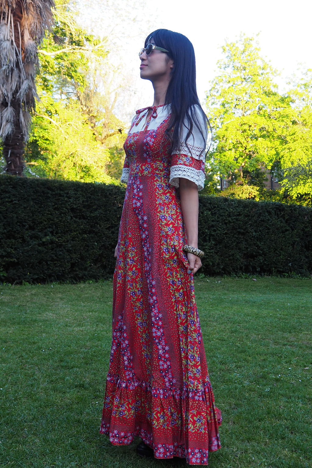 70's Prairie Inspired Floral Cotton Dress Red