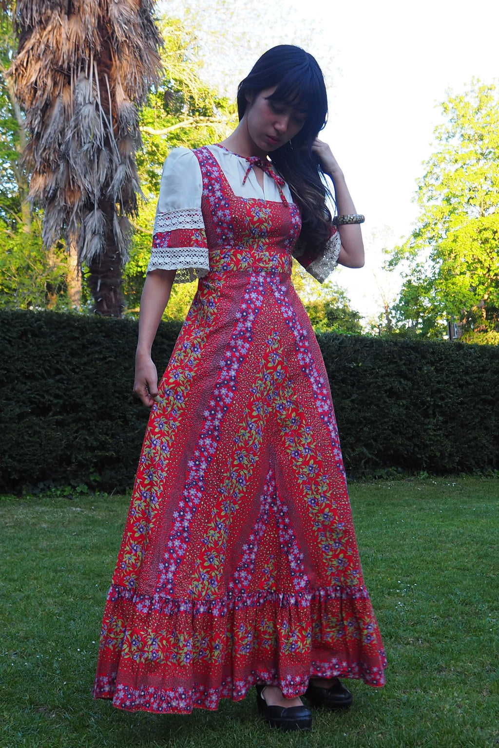 70's Prairie Inspired Floral Cotton Dress Red