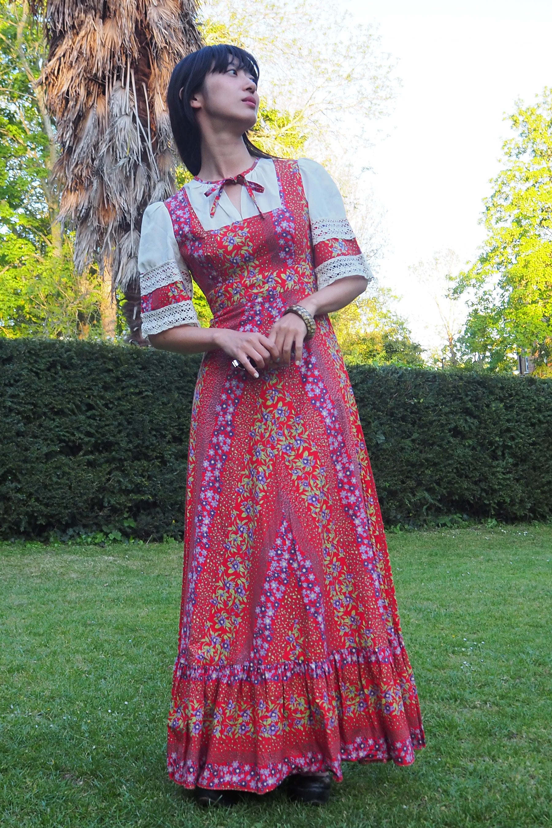 70's Prairie Inspired Floral Cotton Dress Red