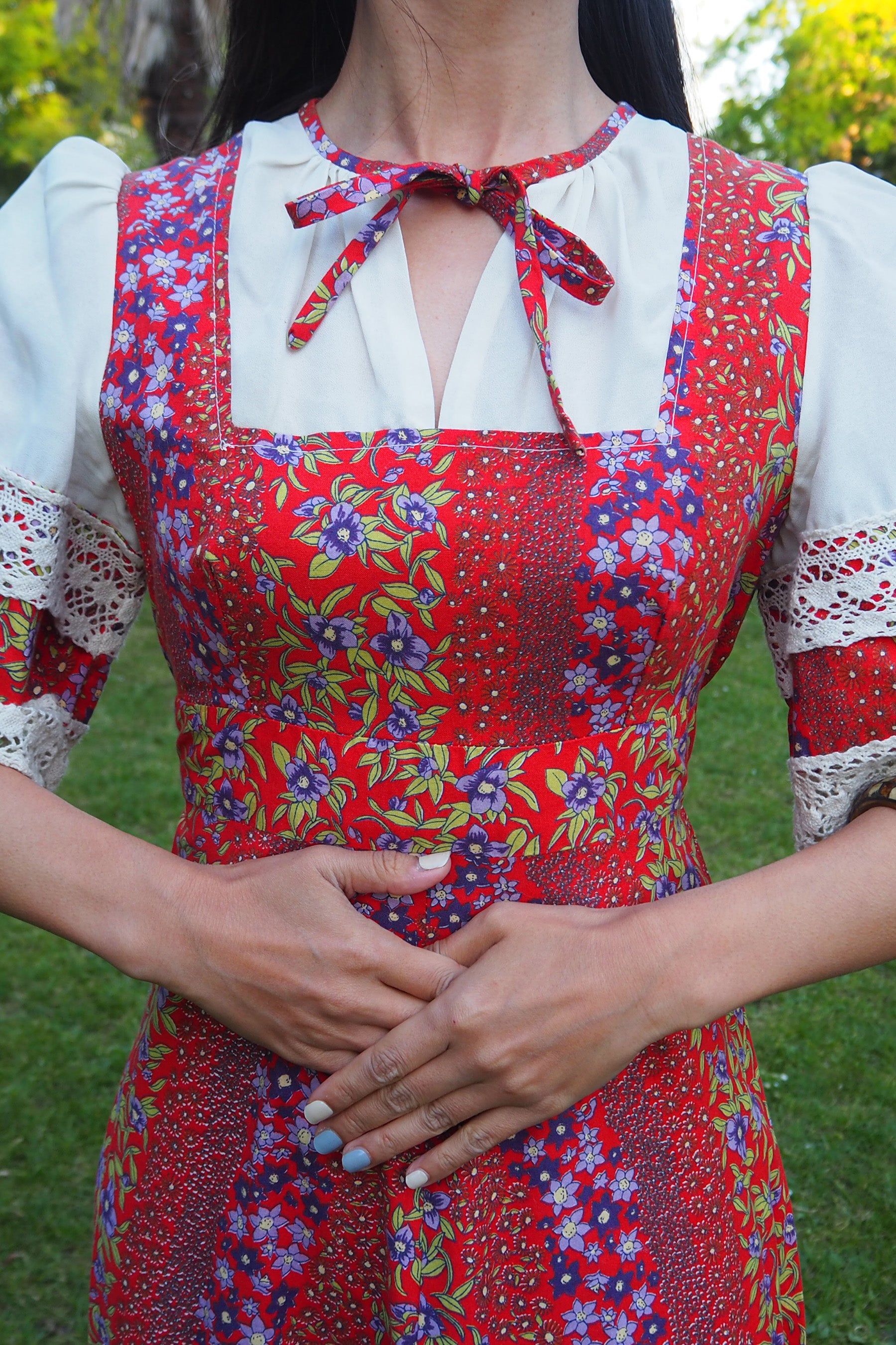 70's Prairie Inspired Floral Cotton Dress Red