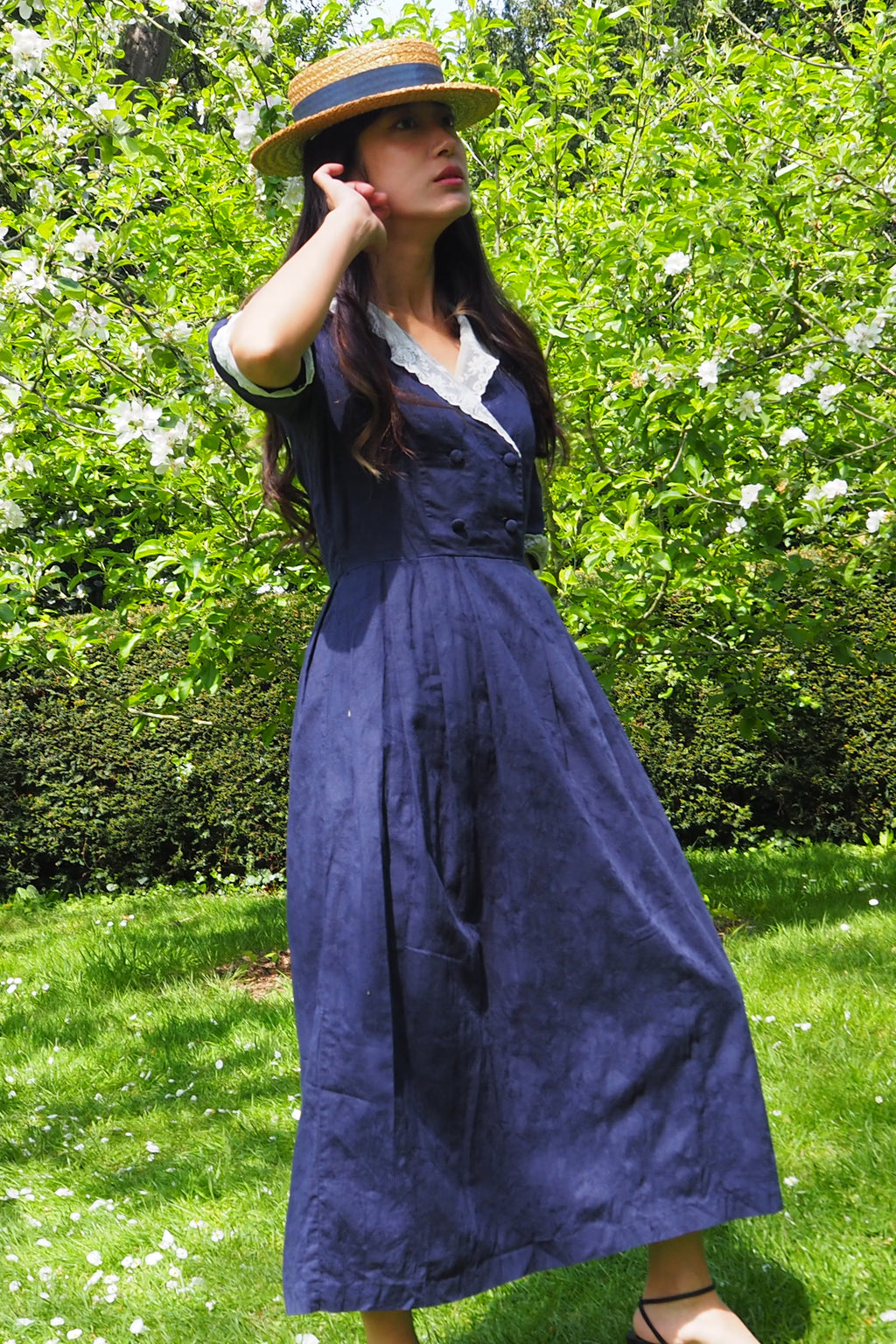 80's Laura Ashley Sailor Collar Dress Navy