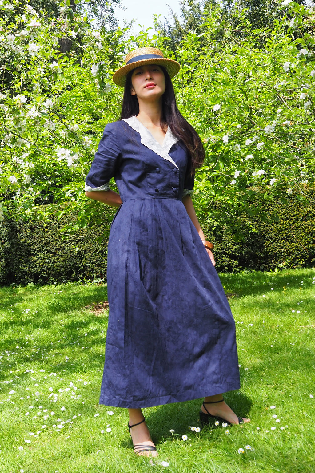 80's Laura Ashley Sailor Collar Dress Navy
