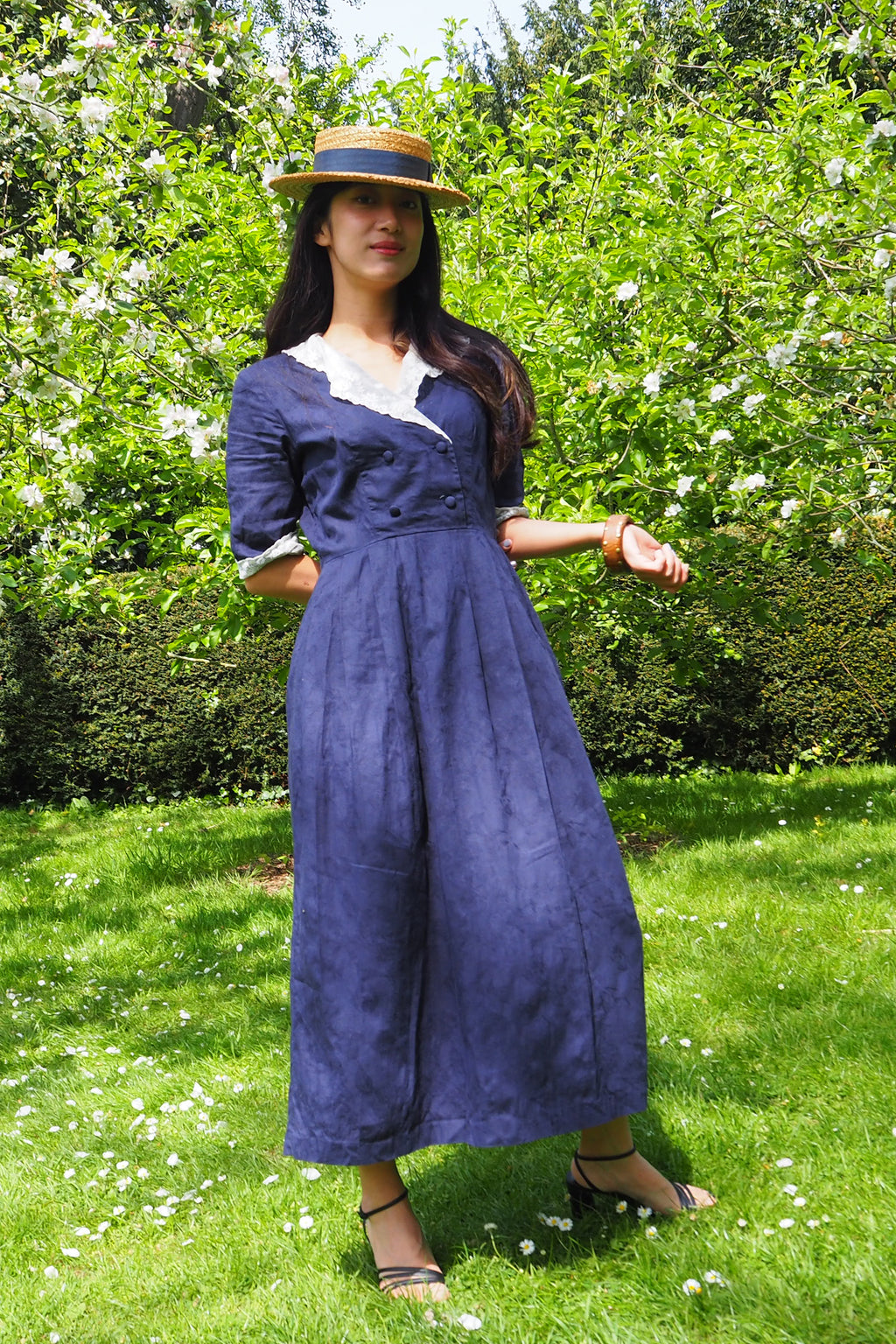 80's Laura Ashley Sailor Collar Dress Navy