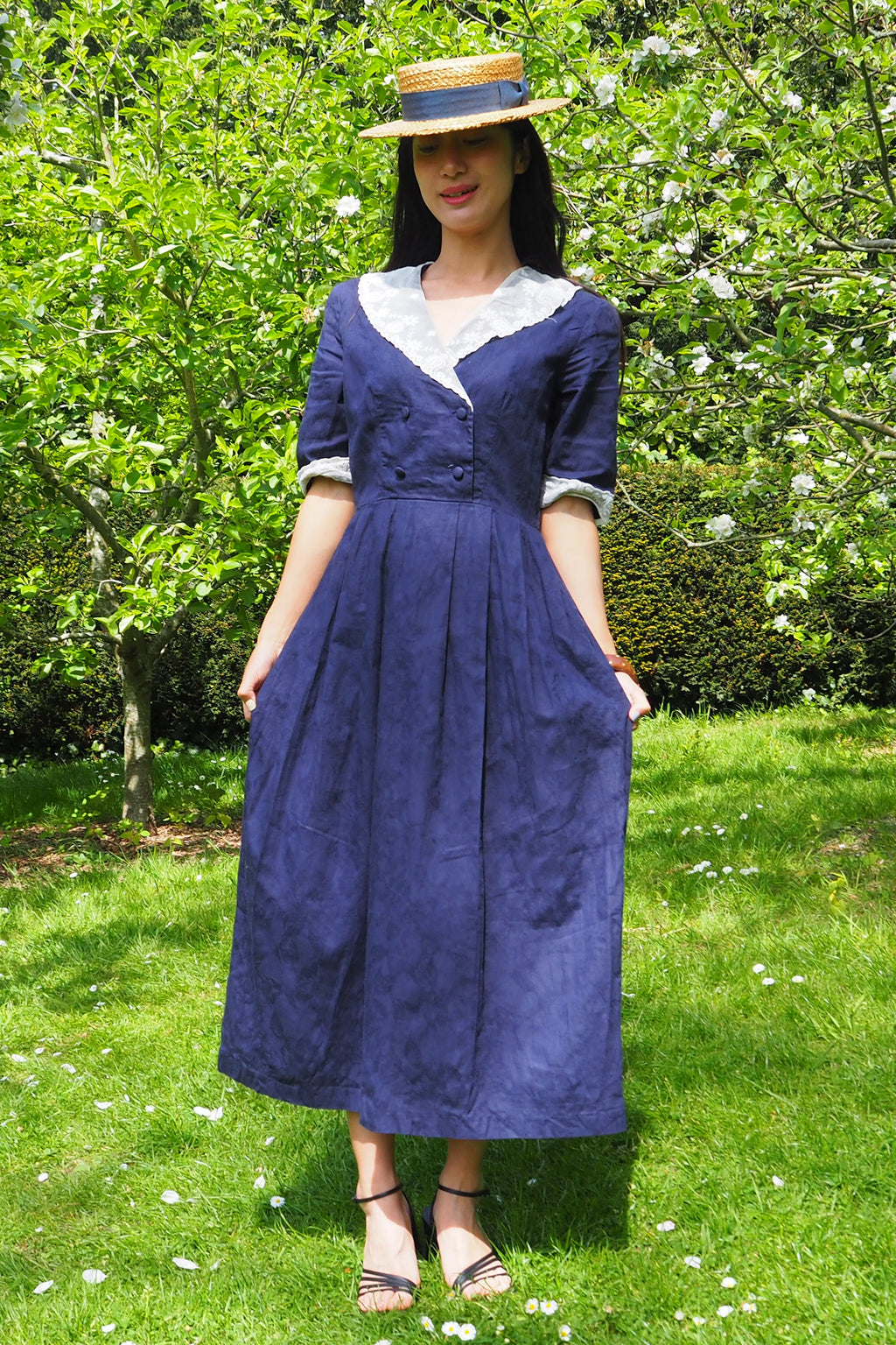 80's Laura Ashley Sailor Collar Dress Navy