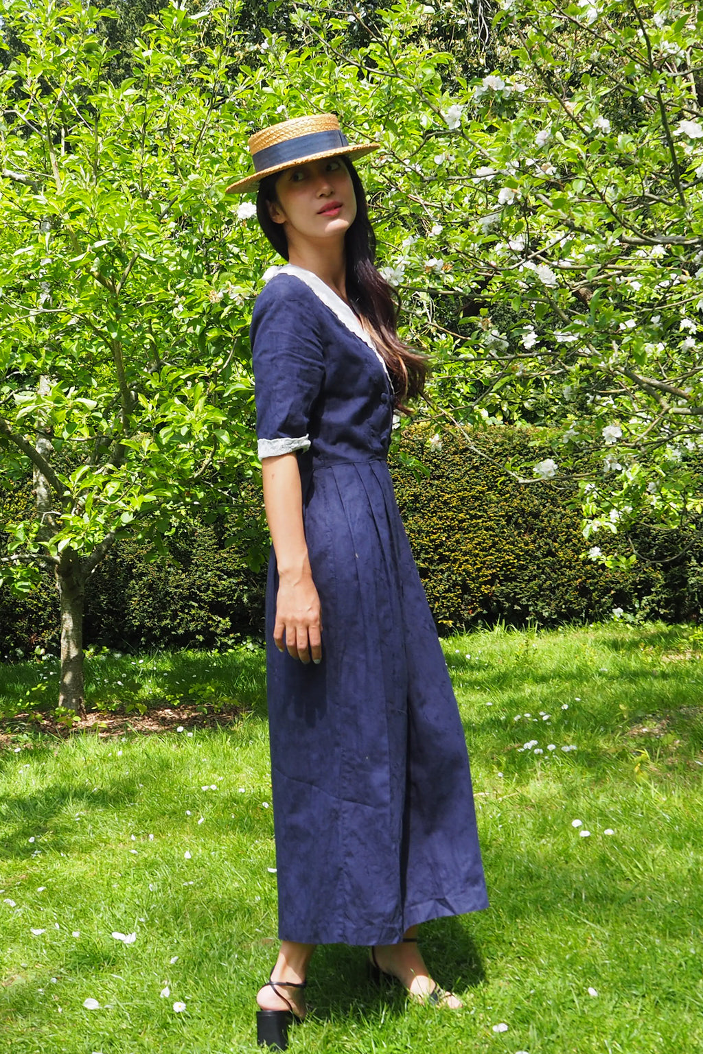 80's Laura Ashley Sailor Collar Dress Navy