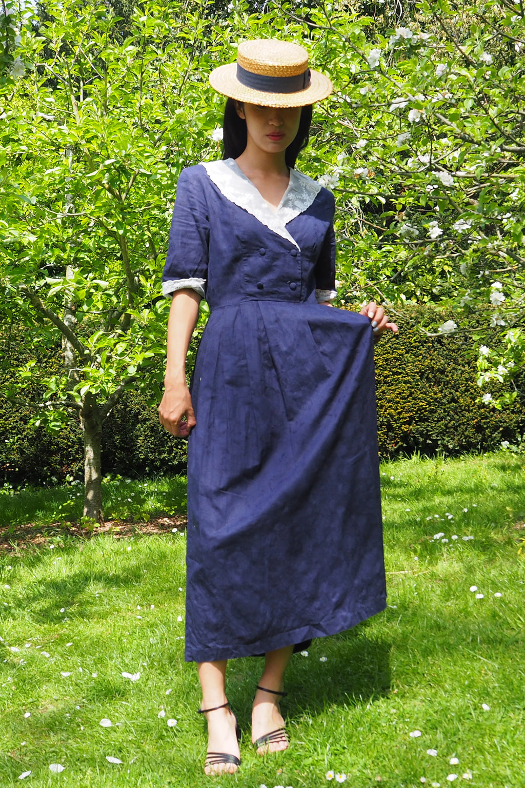 80's Laura Ashley Sailor Collar Dress Navy