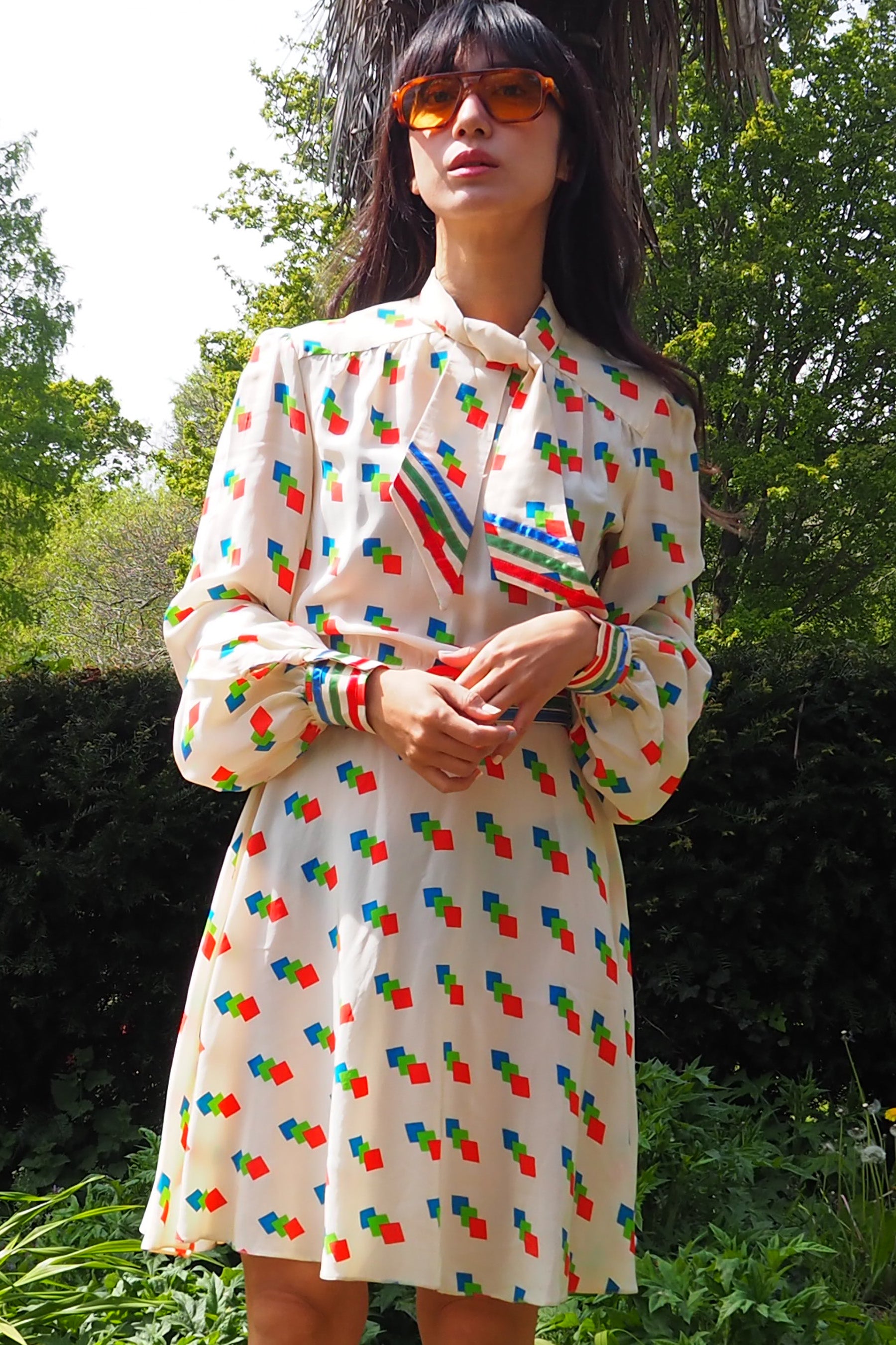 70's BERNARD FRERES Square Pattern Midi Dress Ivory
