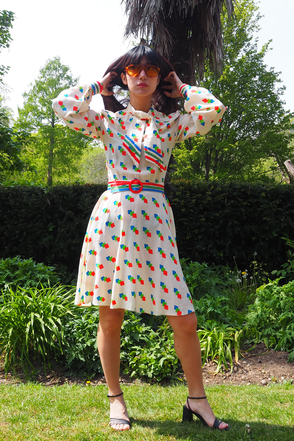 70's BERNARD FRERES Square Pattern Midi Dress Ivory