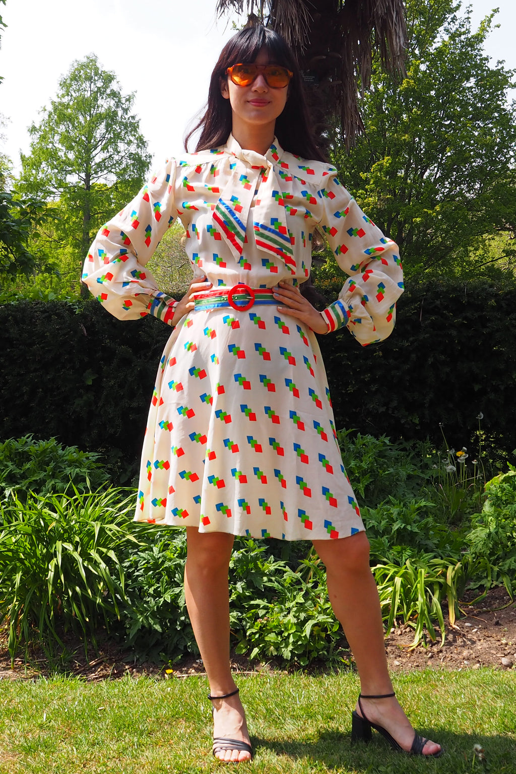 70's BERNARD FRERES Square Pattern Midi Dress Ivory