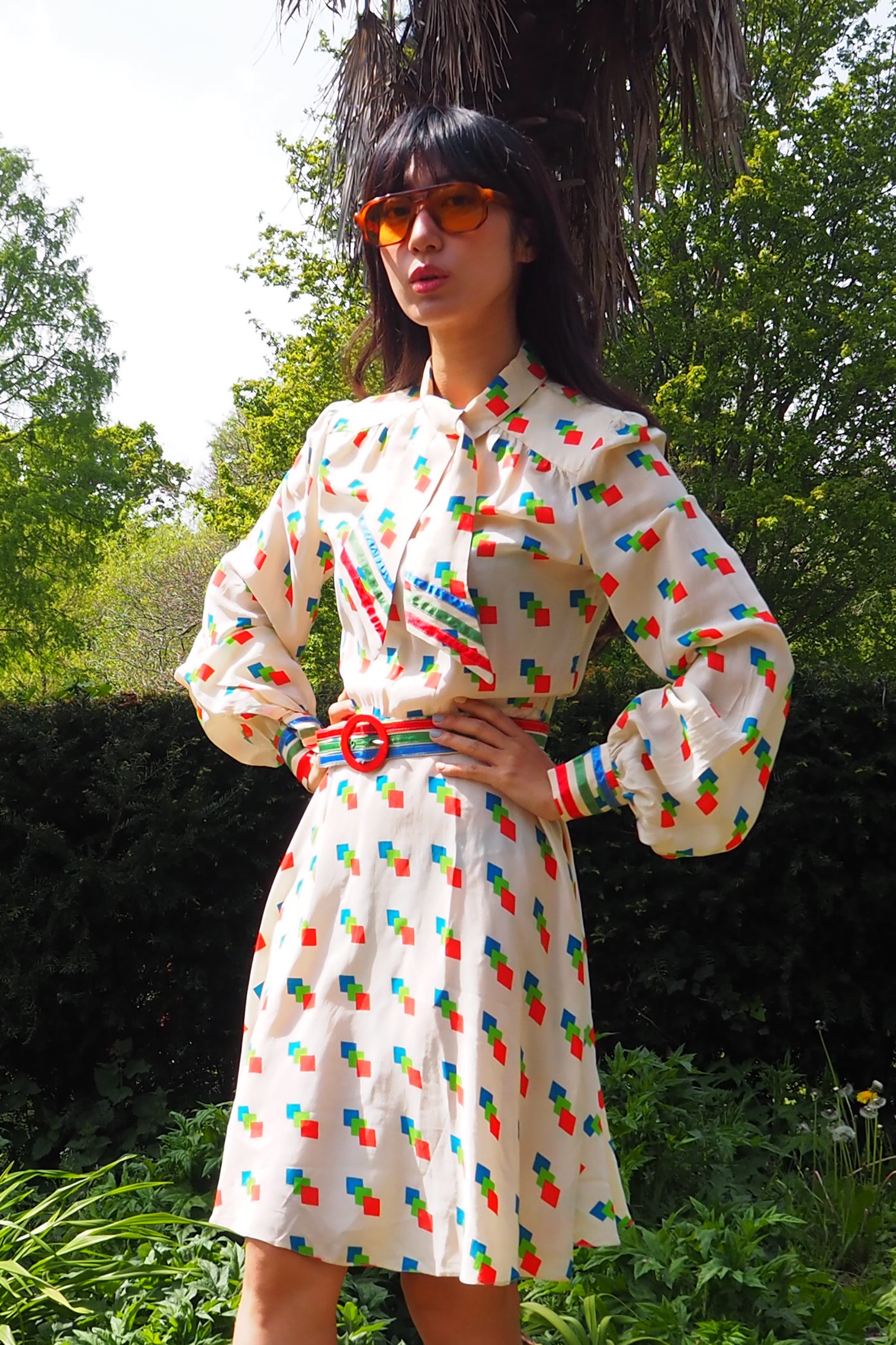 70's BERNARD FRERES Square Pattern Midi Dress Ivory