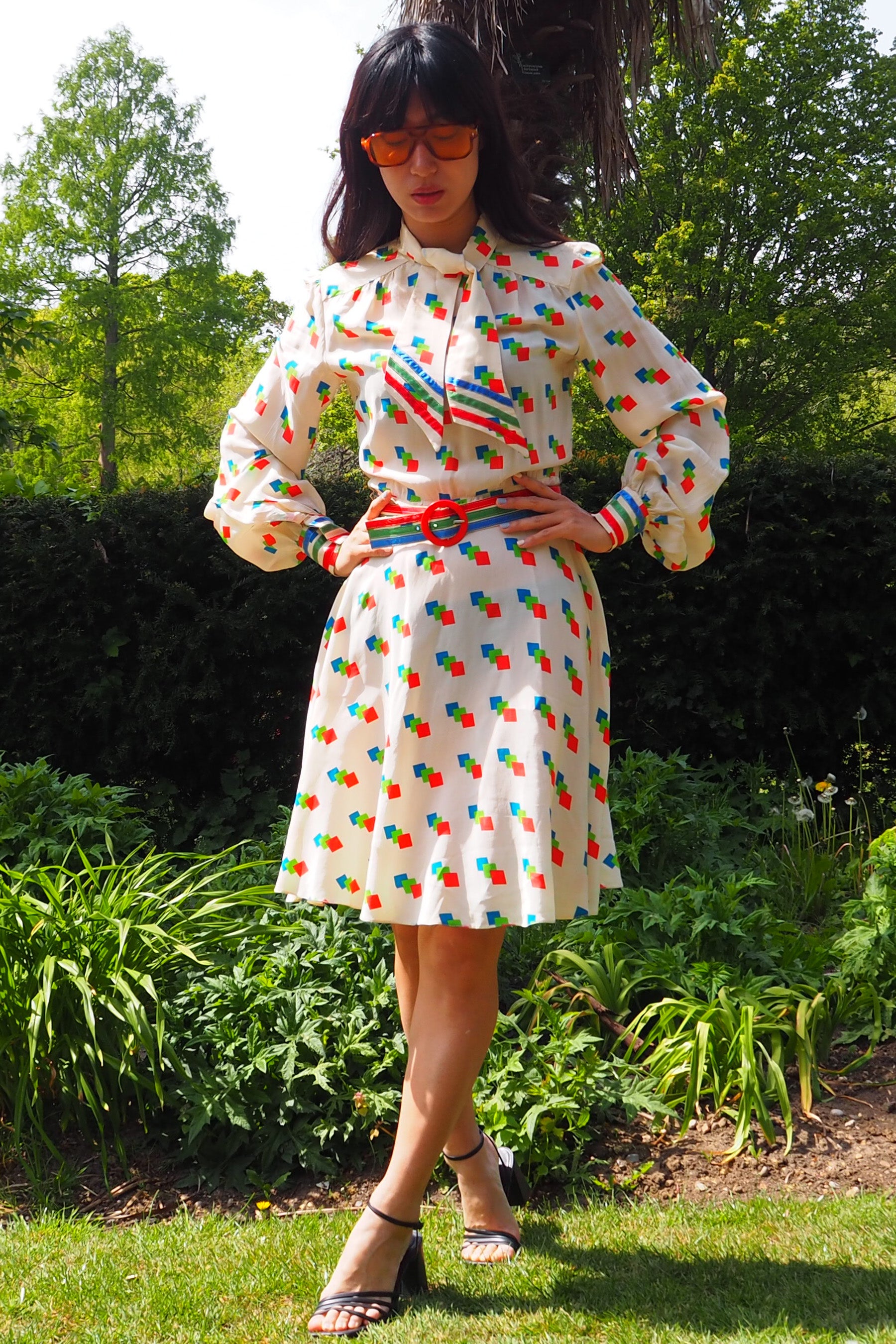 70's BERNARD FRERES Square Pattern Midi Dress Ivory