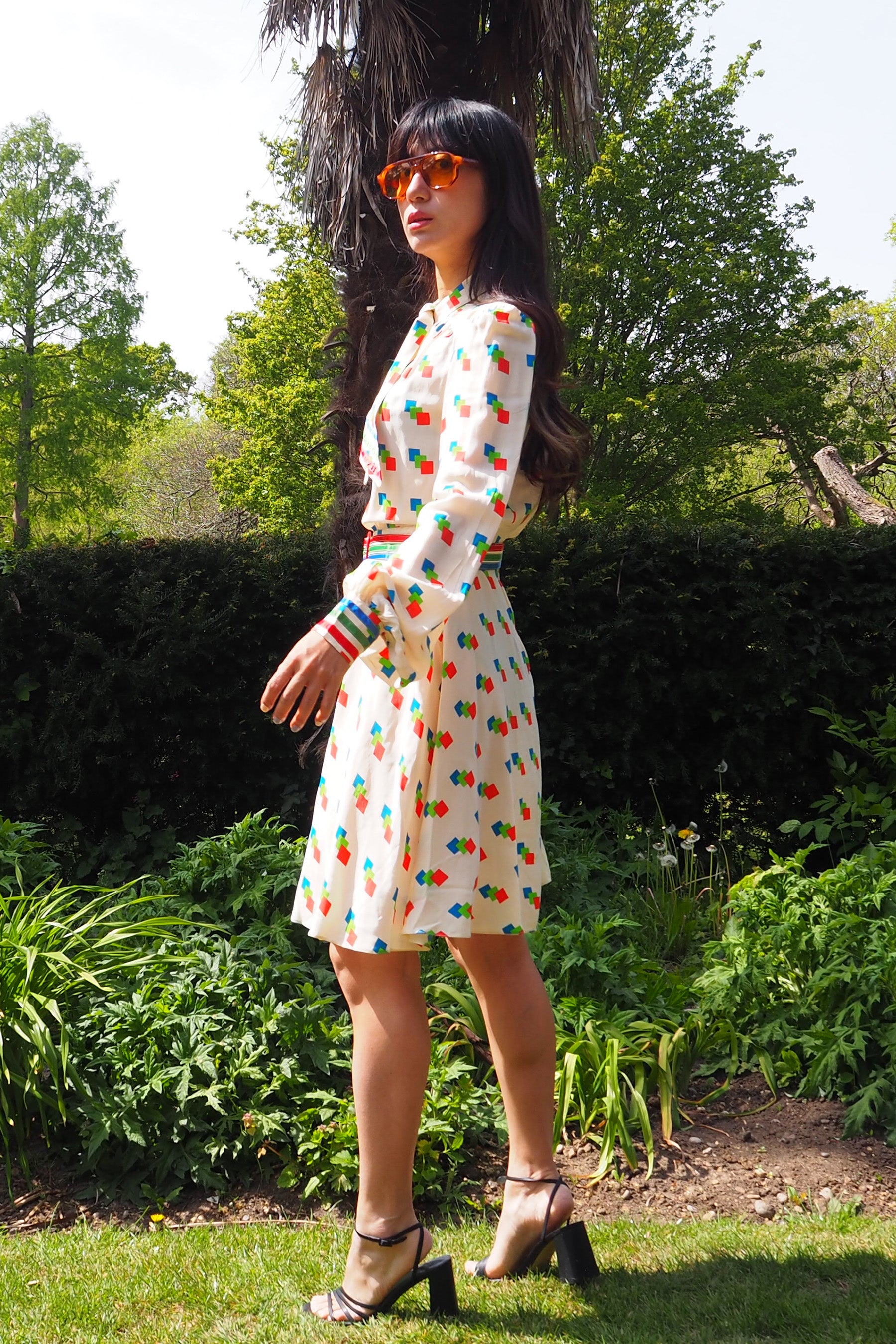 70's BERNARD FRERES Square Pattern Midi Dress Ivory