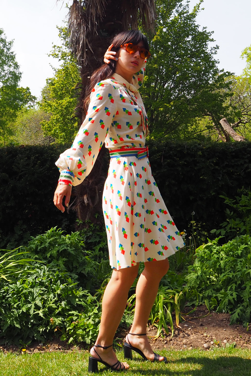 70's BERNARD FRERES Square Pattern Midi Dress Ivory