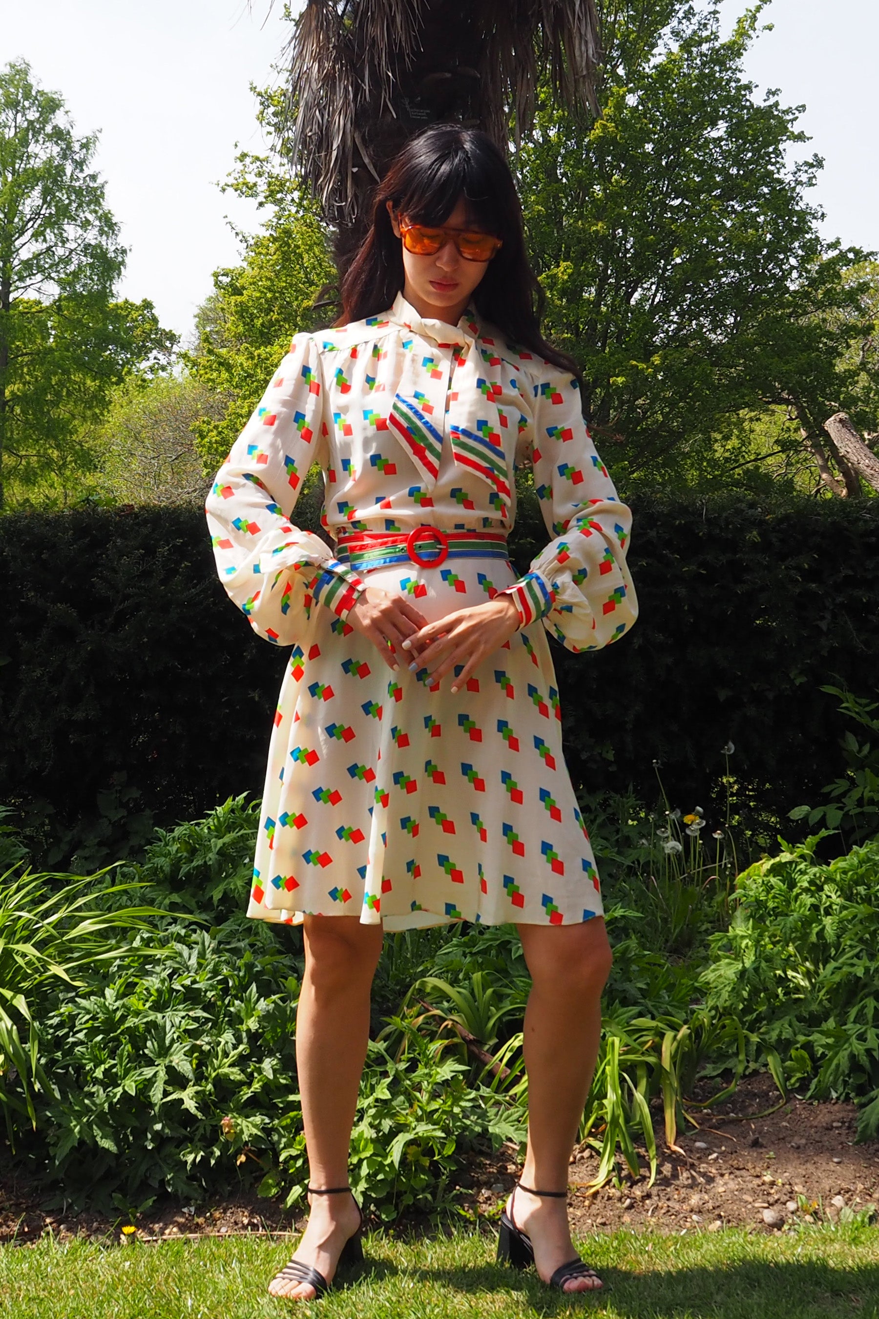 70's BERNARD FRERES Square Pattern Midi Dress Ivory