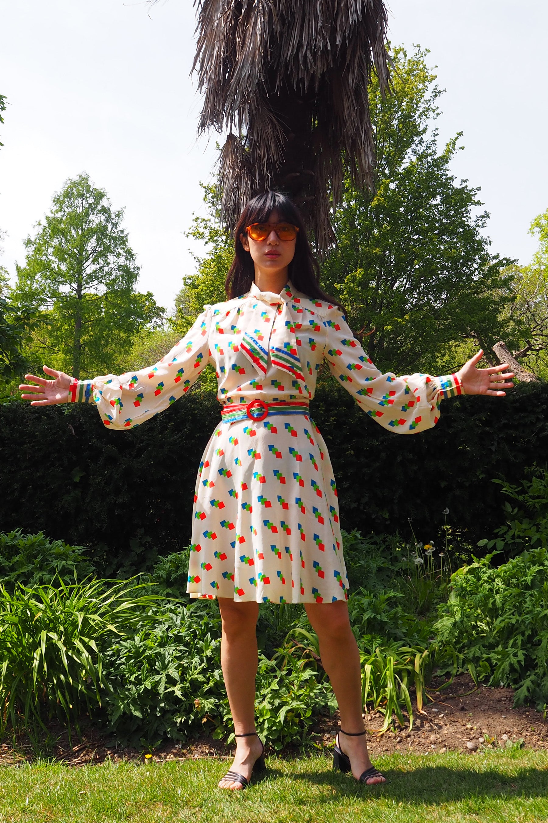 70's BERNARD FRERES Square Pattern Midi Dress Ivory