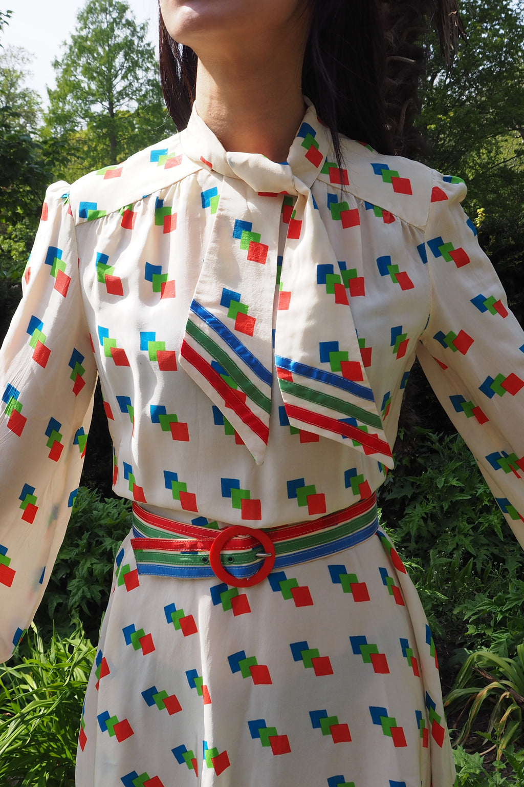 70's BERNARD FRERES Square Pattern Midi Dress Ivory