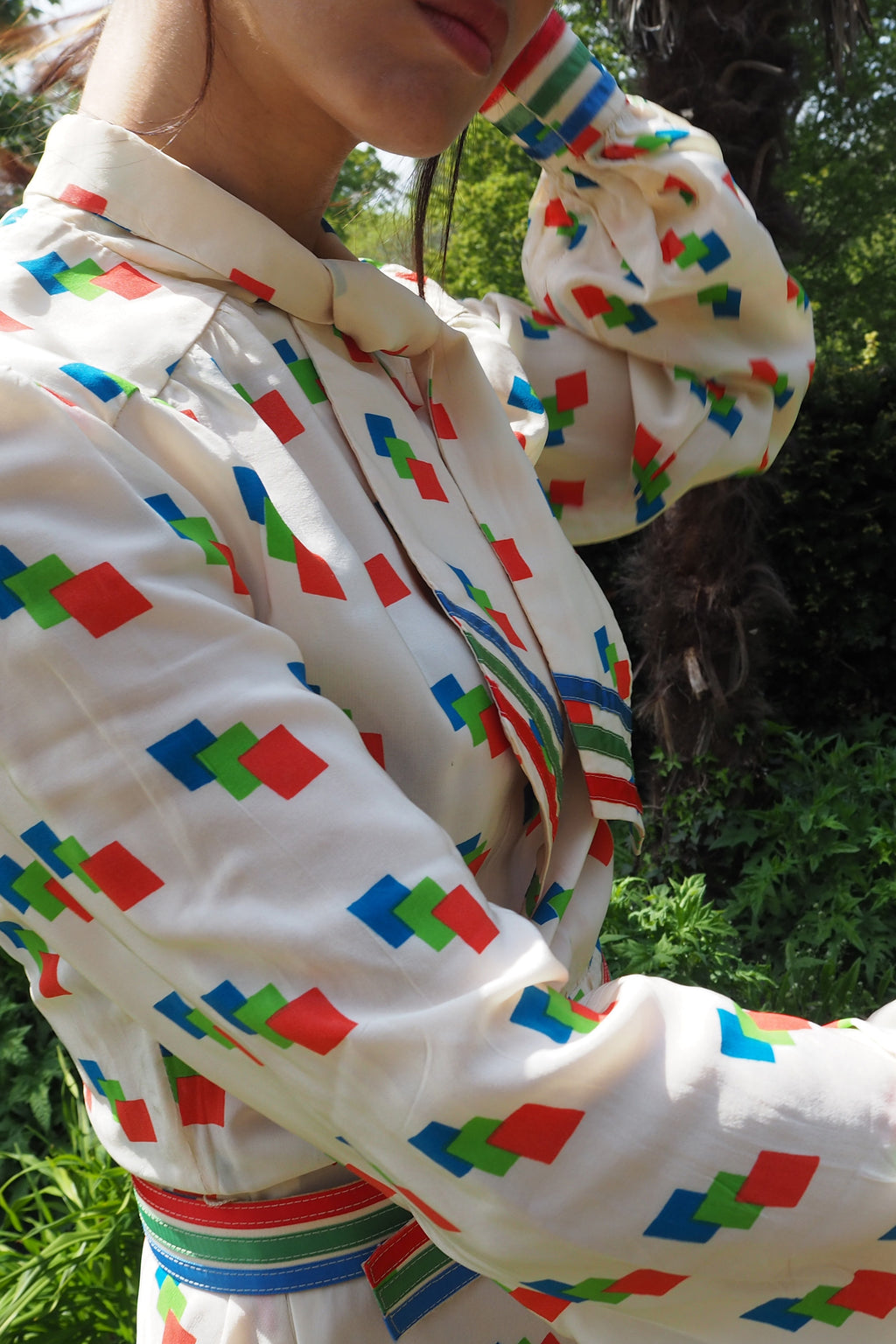 70's BERNARD FRERES Square Pattern Midi Dress Ivory