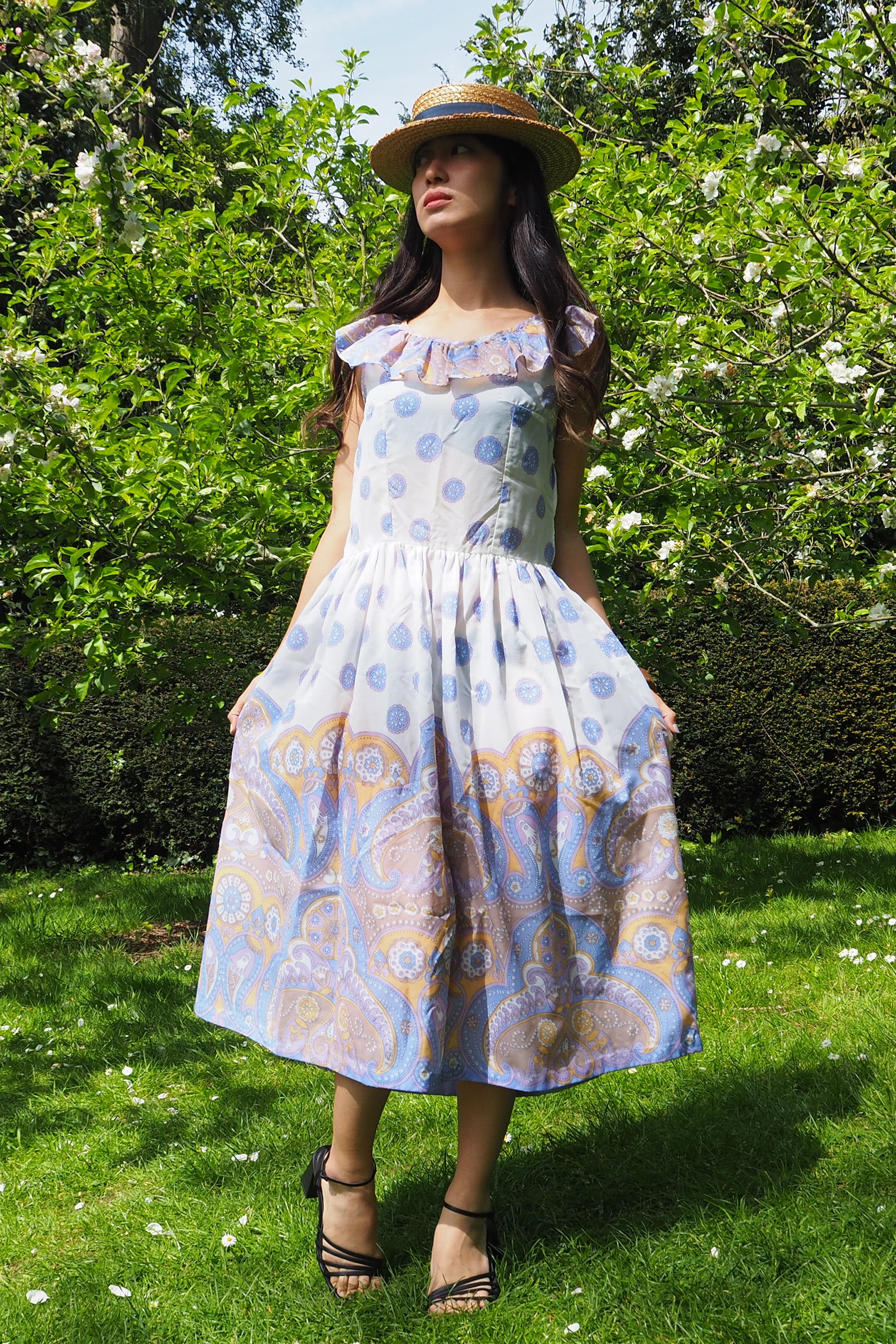70's Paisley Ruffle Dress White/Blue