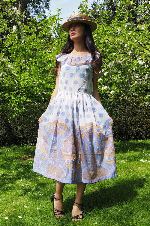 70's Paisley Ruffle Dress White/Blue
