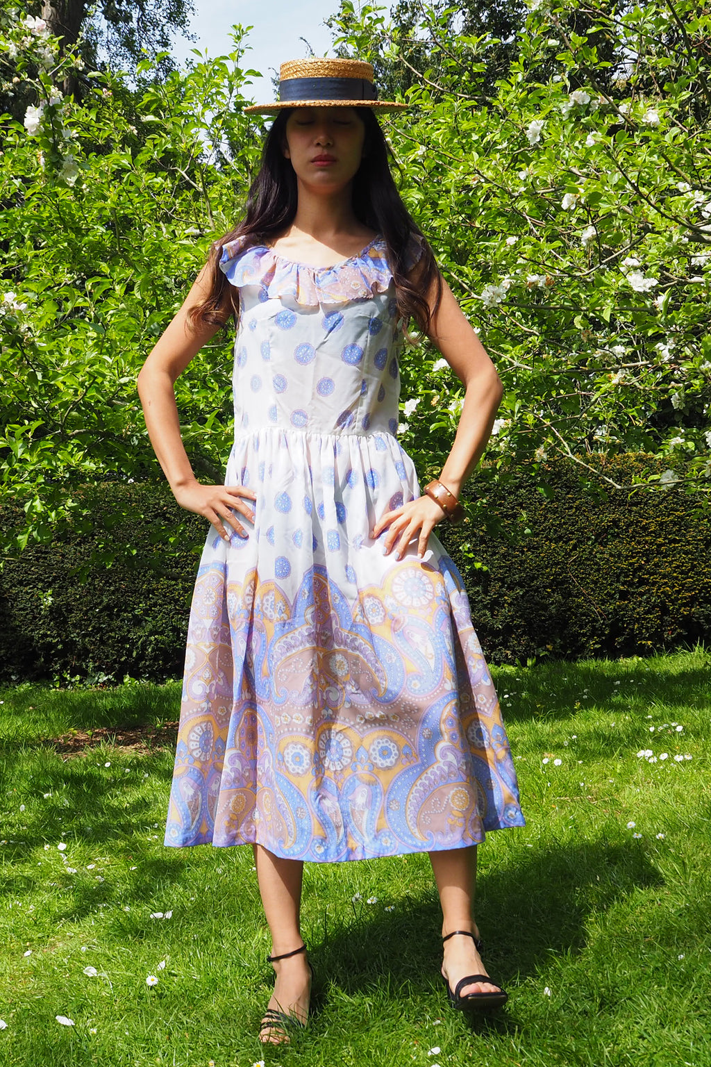 70's Paisley Ruffle Dress White/Blue