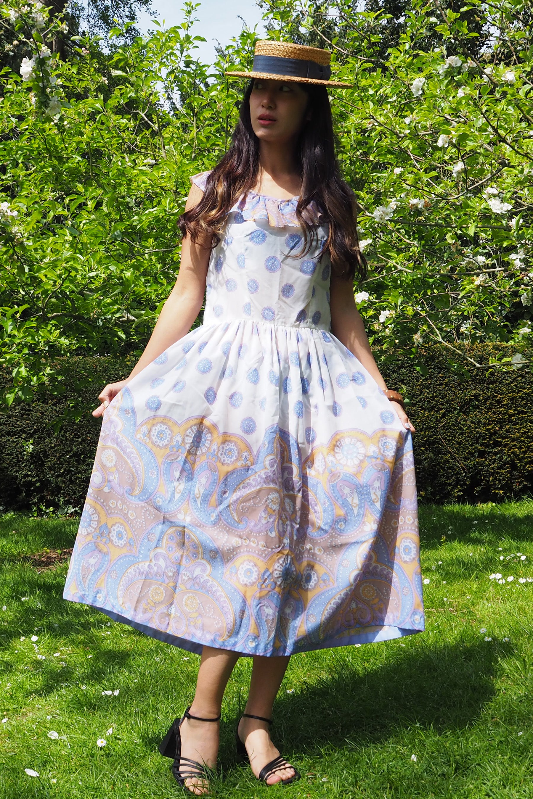 70's Paisley Ruffle Dress White/Blue