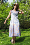 70's Paisley Ruffle Dress White/Blue